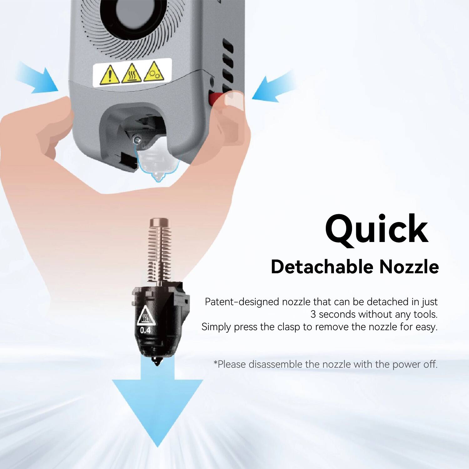 Quick Detachable Nozzle

Patent-designed nozzle that can be detached in just 3 seconds without any tools. Simply press the clasp to remove the nozzle for easy.

*Please disassemble the nozzle with the power off.