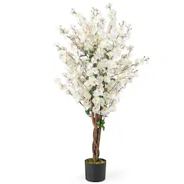 Gymax - 47'' Artificial Winter Sweet Tree Faux Plum Blossom Plant w/ White Fabric Flower - White, Brown