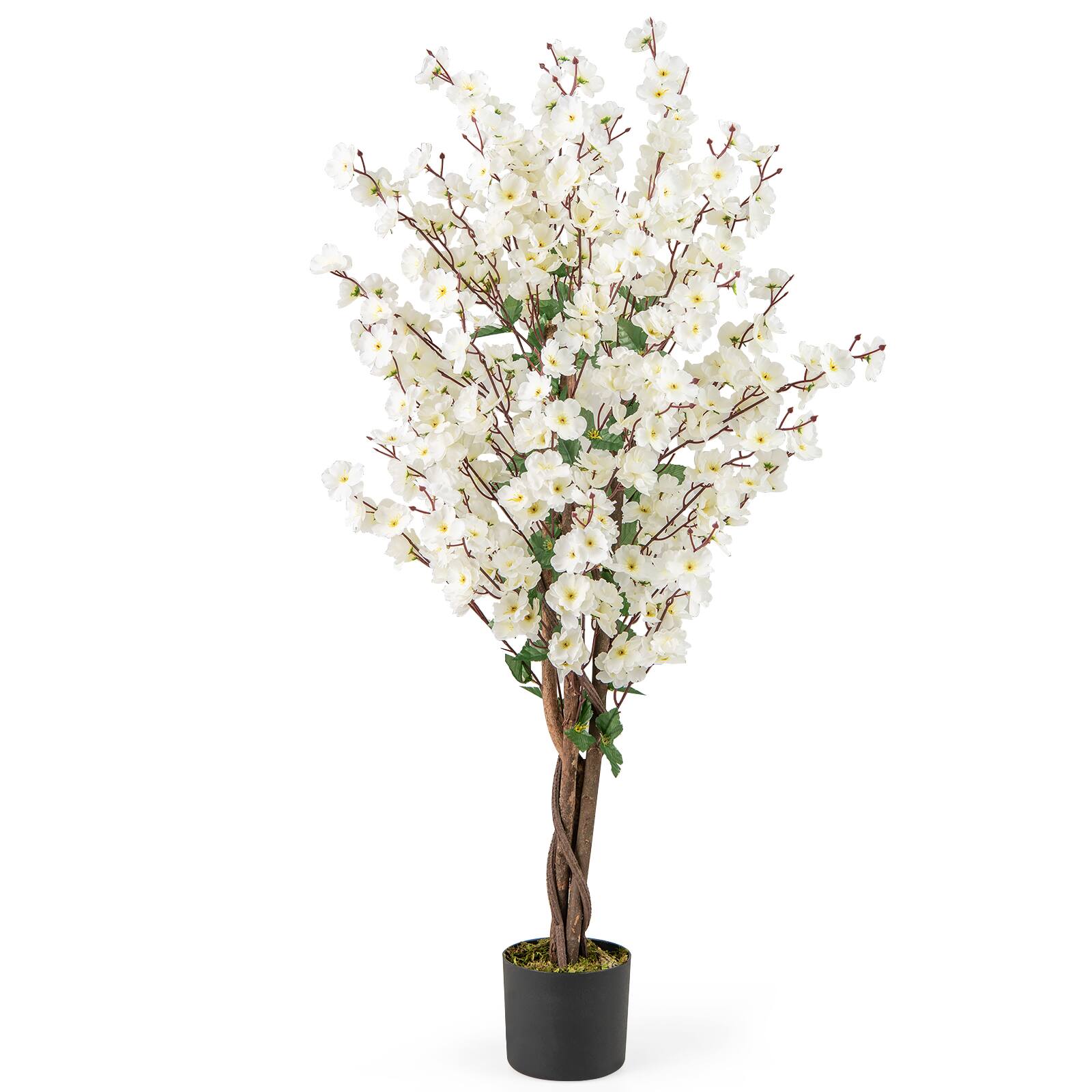 Gymax - 47'' Artificial Winter Sweet Tree Faux Plum Blossom Plant w/ White Fabric Flower - White, Brown