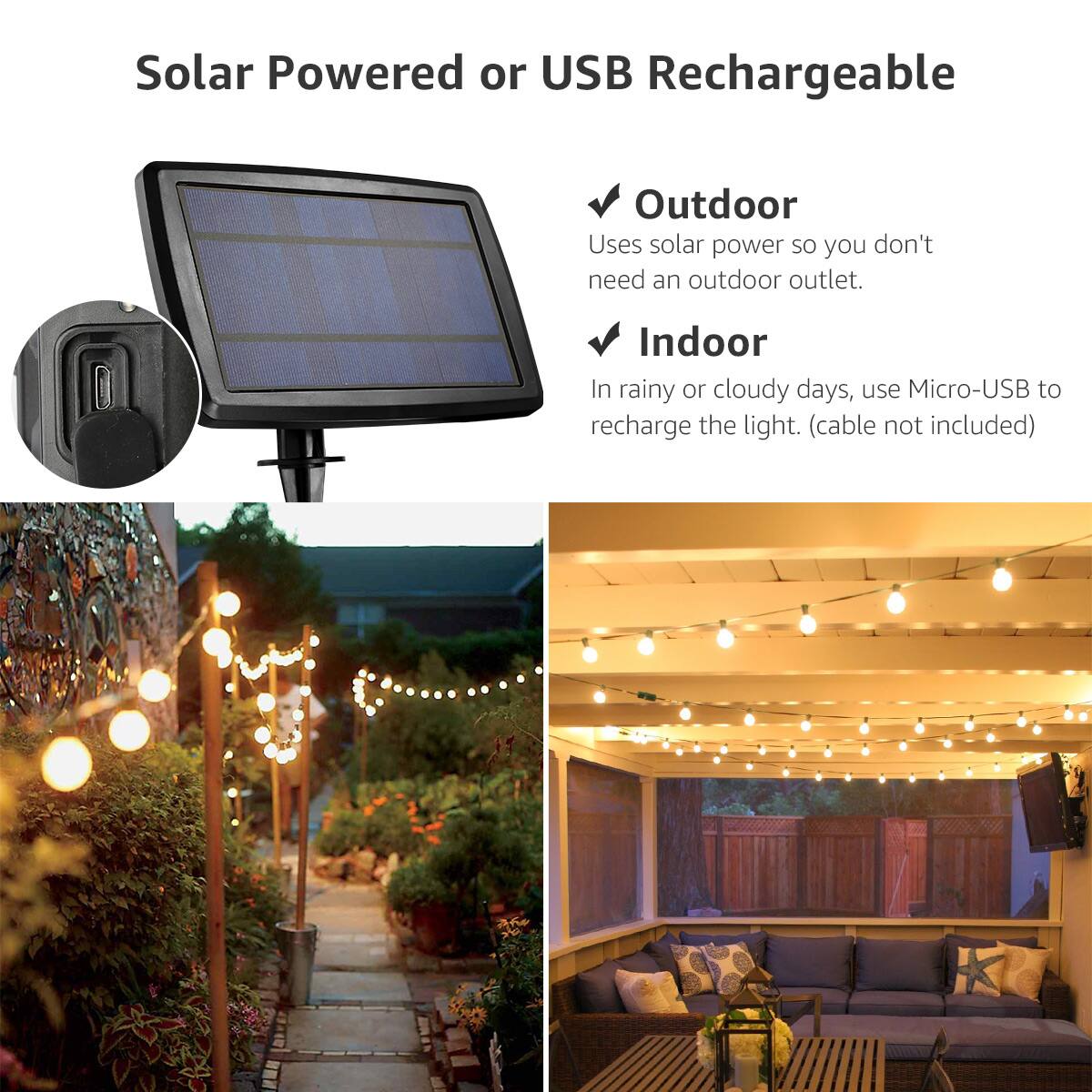 Alt View 1. Lepro - 25ft Solar/USB Rechargable Dusk-to-Dawn Outdoor String Lights, 26 LED G40 Bulbs, for Porch Backyard Pool Party Garden.