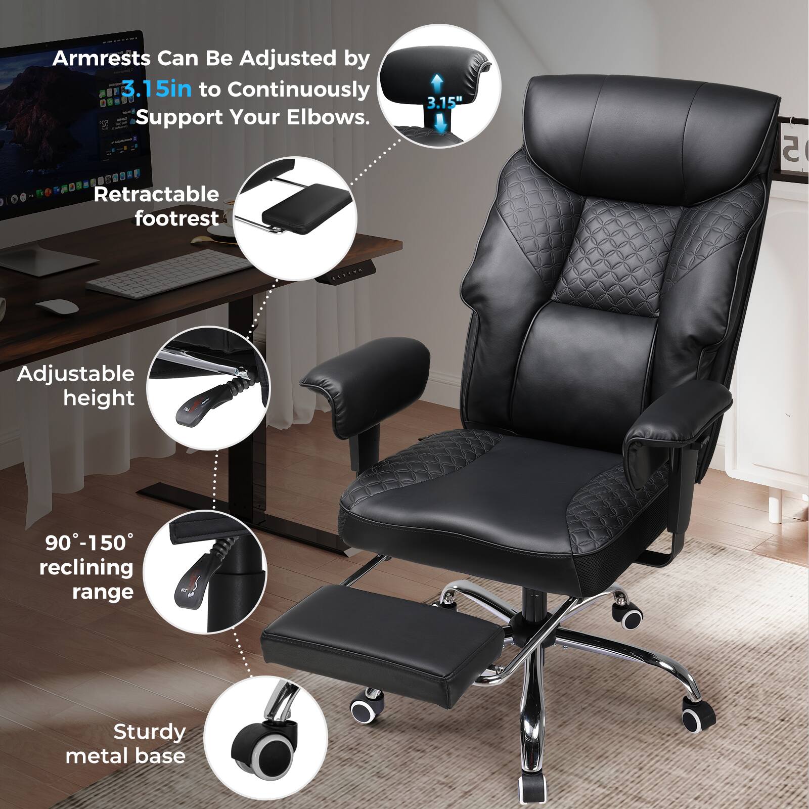 - Armrests can be adjusted by 3.15" to continuously support your elbows.
- Retractable footrest
- Adjustable height
- 90°-150° reclining range
- Sturdy metal base
