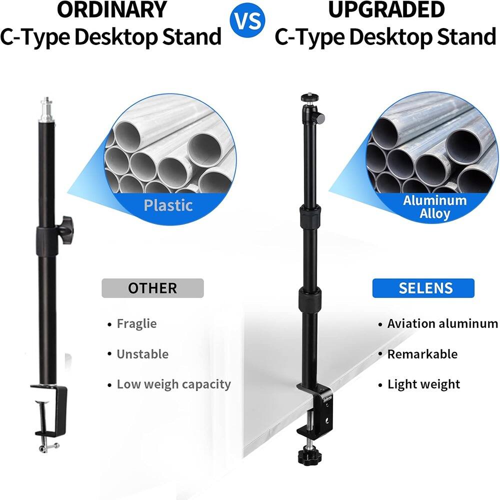 **ORDINARY C-Type Desktop Stand**

- Plastic
- Fraglie
- Unstable
- Low weigh capacity

**UPGRADED C-Type Desktop Stand**

- Aluminum Alloy
- Aviation aluminum
- Remarkable
- Light weight