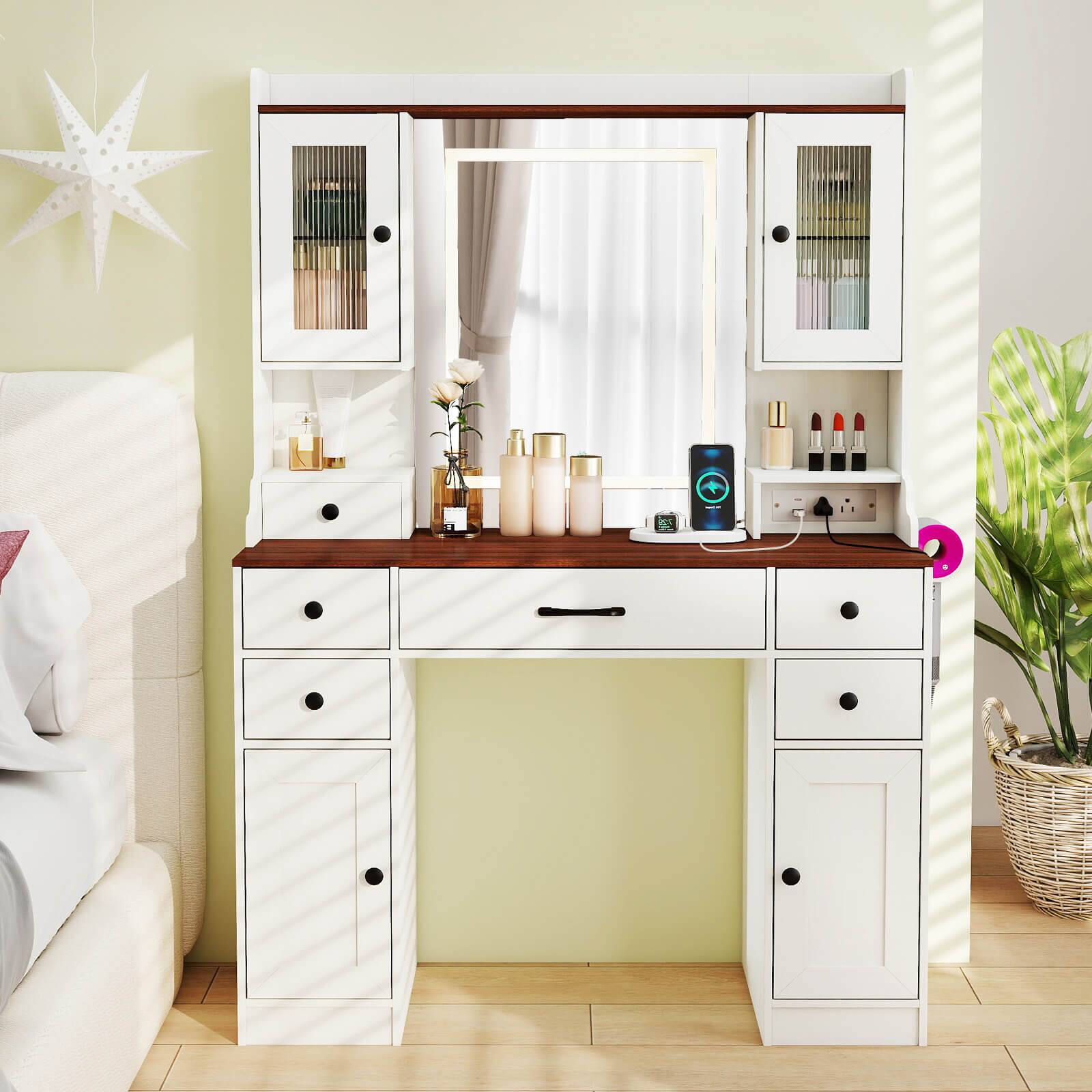 Alt View 4. Costway - Costway 41.5" Vanity Desk with Mirror Lights Power Outlets Hair Dryer Rack Storage Shelves - White,Walnut.