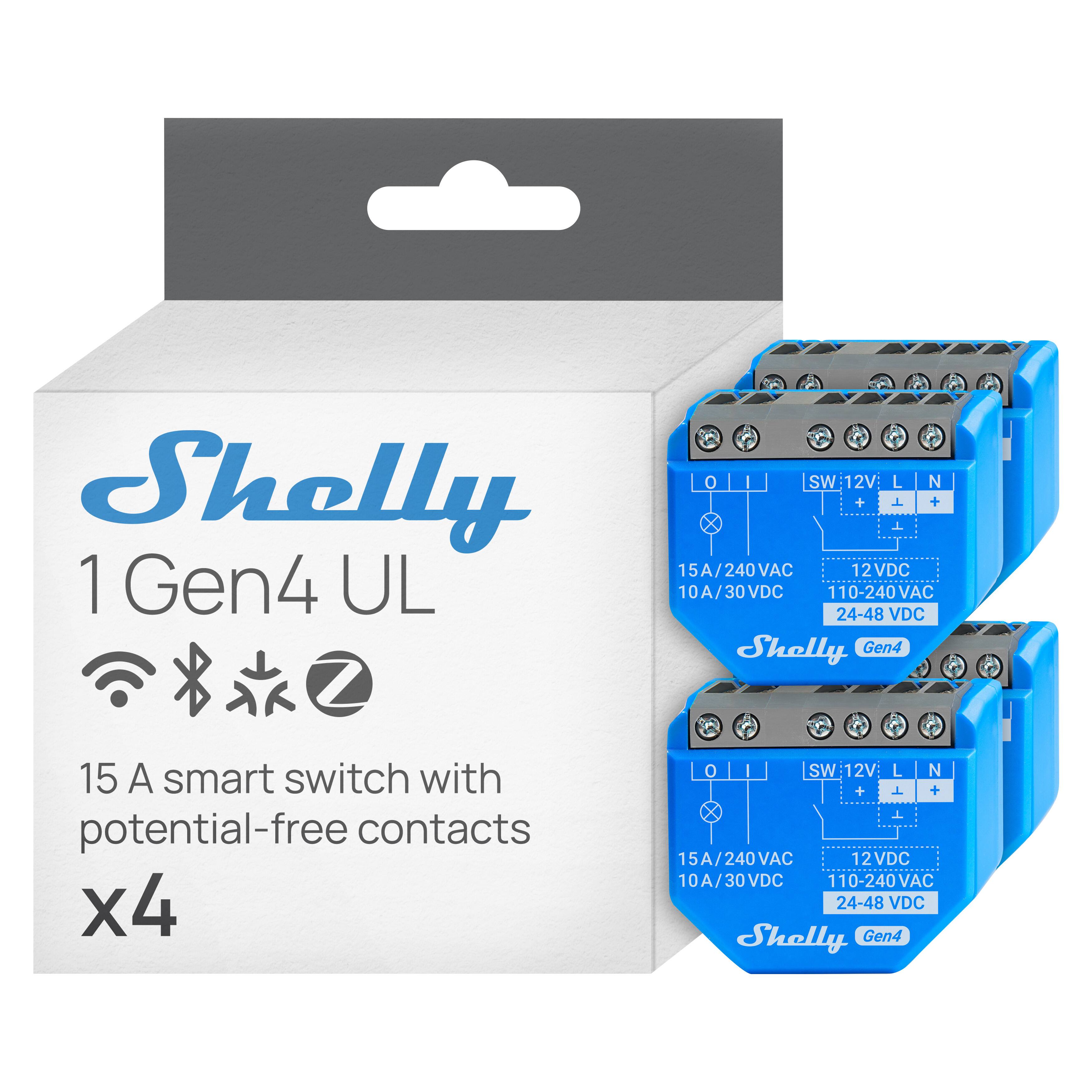 Shelly 1 Gen4 UL

15 A smart switch with potential-free contacts x4

SW 12V: L N
+ + 
15A/240VAC 12VDC 10A/30VDC VDC 110-240VAC 24-48 VDC

MS 12V
L N
+ + 
15A/240VAC 12VDC 10A/30VDC VDC 110-240 VAC 24-48 VDC