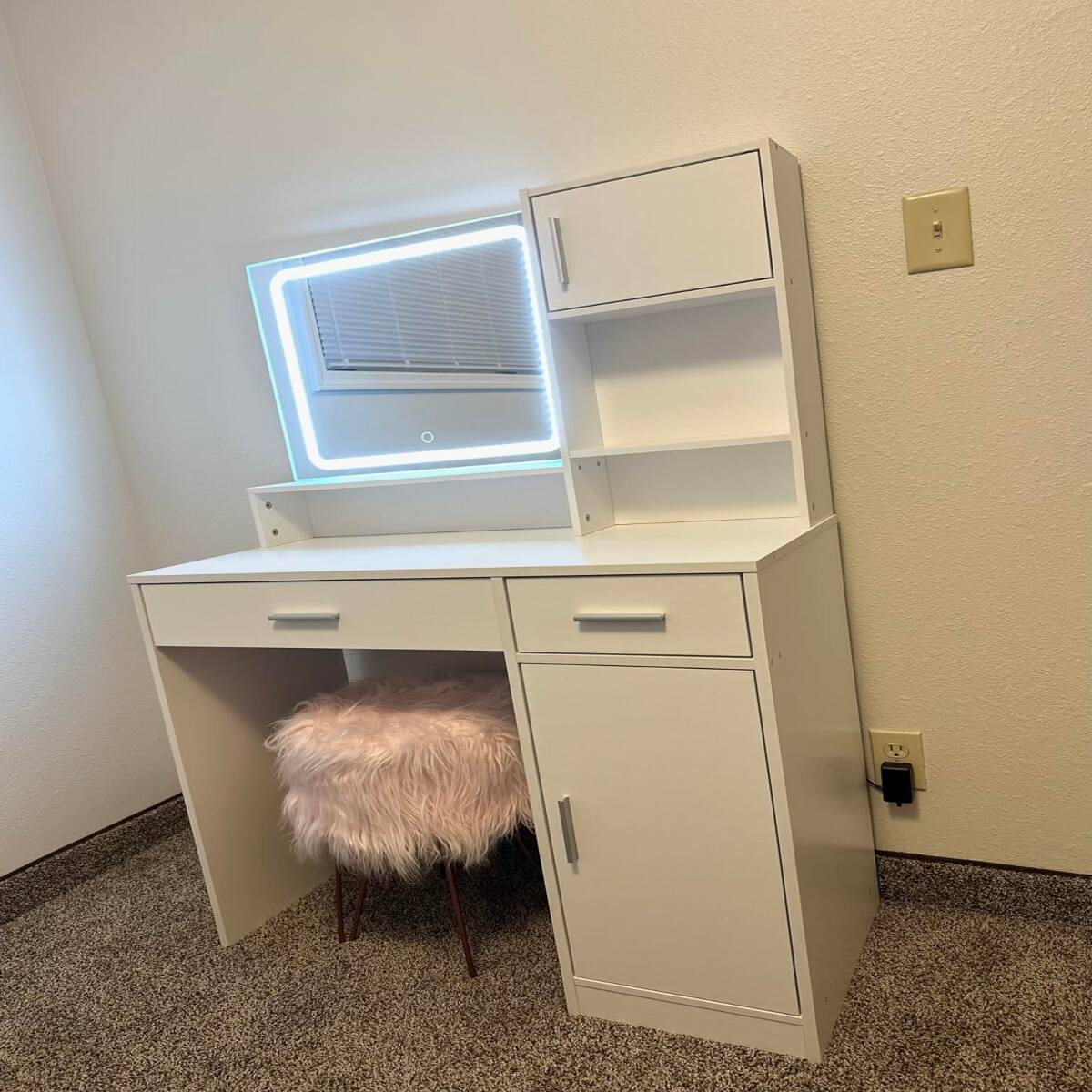 Angle. Loheer - Loheer Makeup Desk with LED Mirror, Rose Pink Vanity with Large Drawer and Three-Level Storage - Rose Pink.