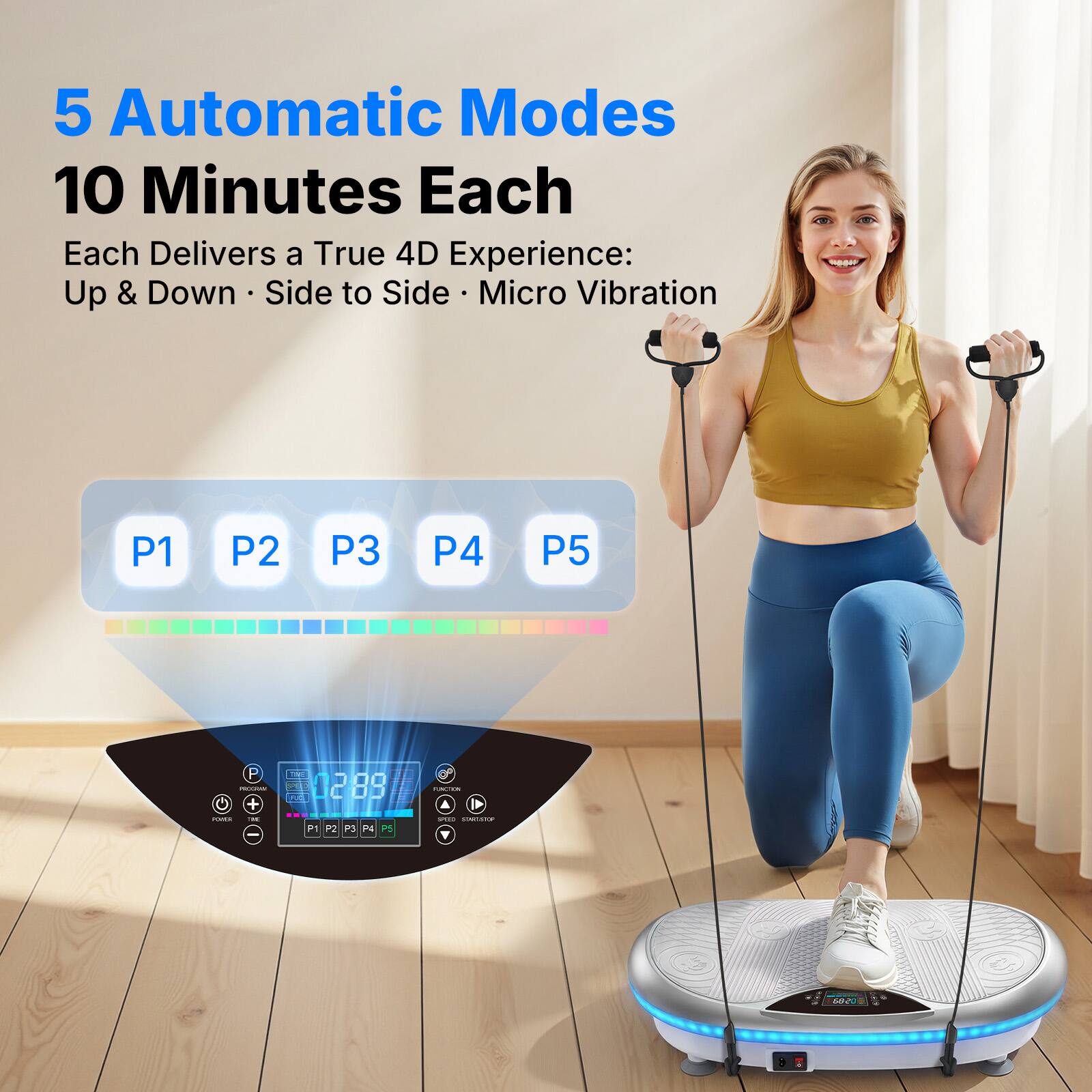 5 Automatic Modes  
10 Minutes Each  
Each Delivers a True 4D Experience:  
Up & Down • Side to Side • Micro Vibration  

P1 P2 P3 P4 P5  

0288 2 30 2 M  
60V