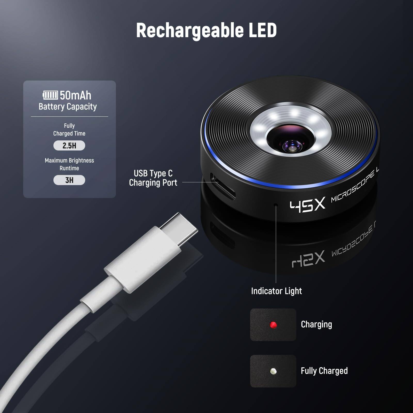 Rechargeable LED

- 50mAh Battery Capacity
- Fully Charged Time: 2.5H
- Maximum Brightness Runtime: 3H
- USB Type C Charging Port
- Indicator Light: Charging / Fully Charged

45X MICROSCOPE L
12X WICYDECOLE