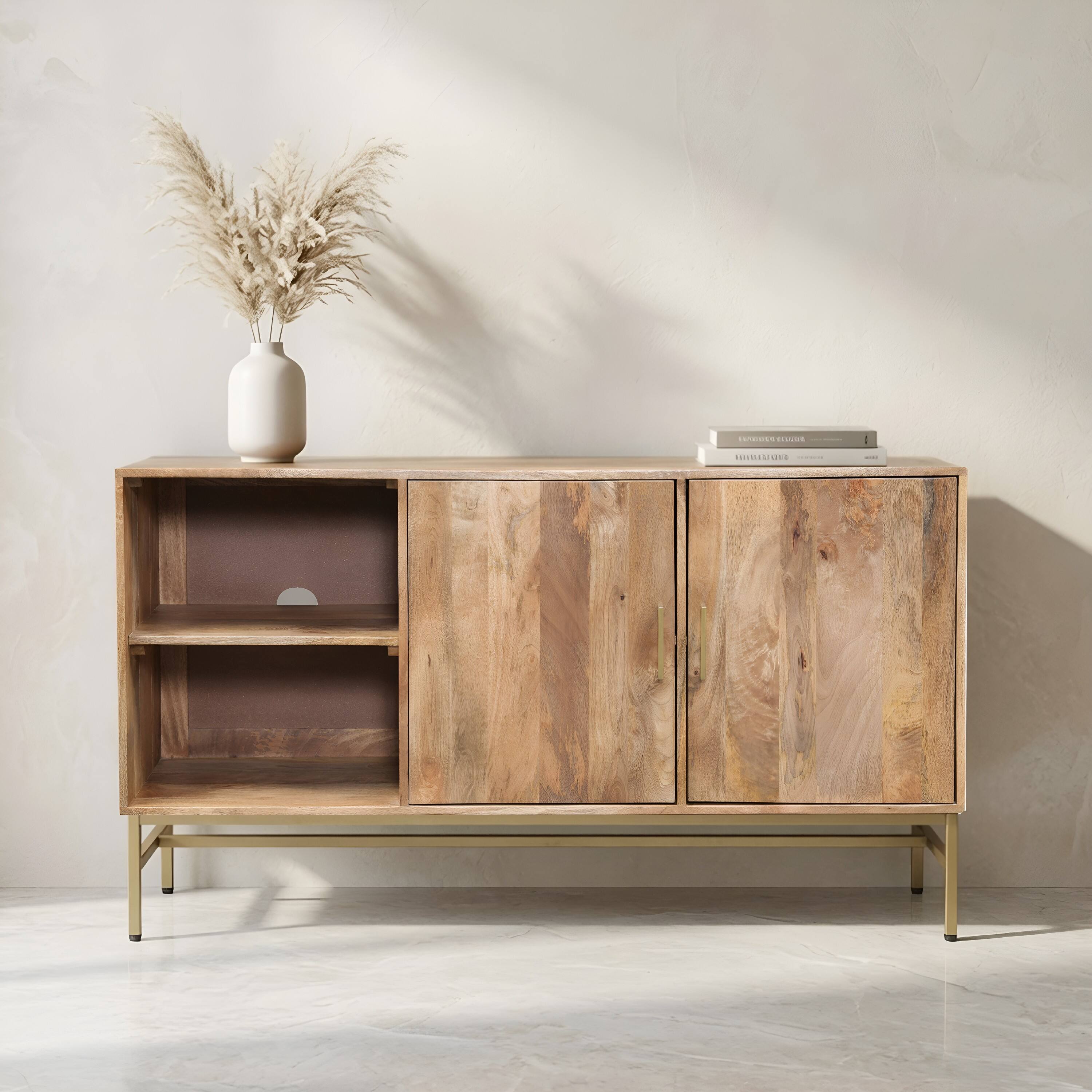Alt View 3. Manhattan Lane - Lysa 50 Inch Sideboard Buffet Cabinet with Open Shelves, Gold Iron Base, Mango Wood - Natural Brown, Gold.