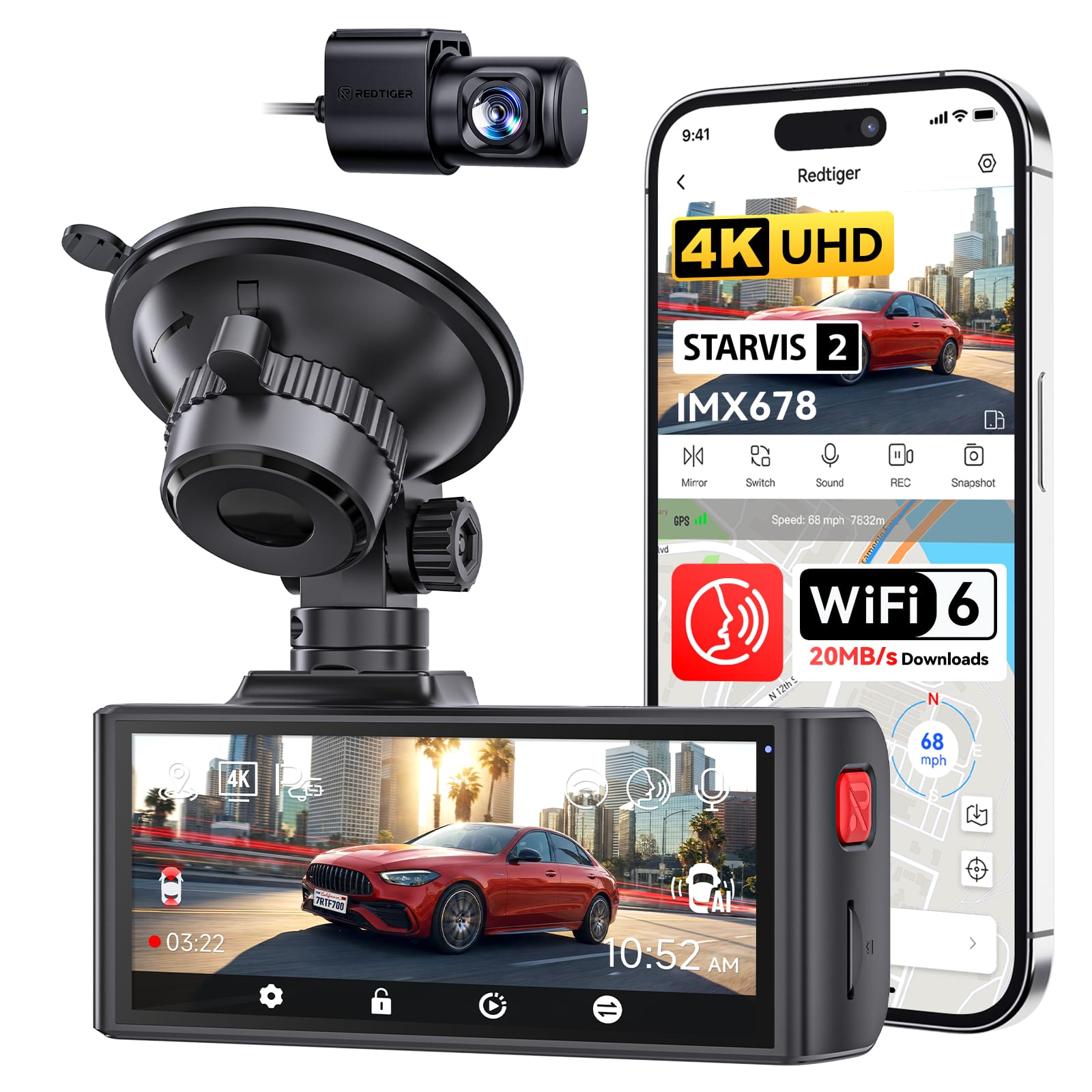 PEDTIGEA 9:41 Redtiger 4K UHD STARVIS 2 IMX678 0 D CO Minor Switch Sound . REC Snapshot SPS al Speed: 68 mph 7632m 4 WiFi 6 20MB/s Downloads 4 N12e N 4K 68 mph Nh 03:22 10:52 AM