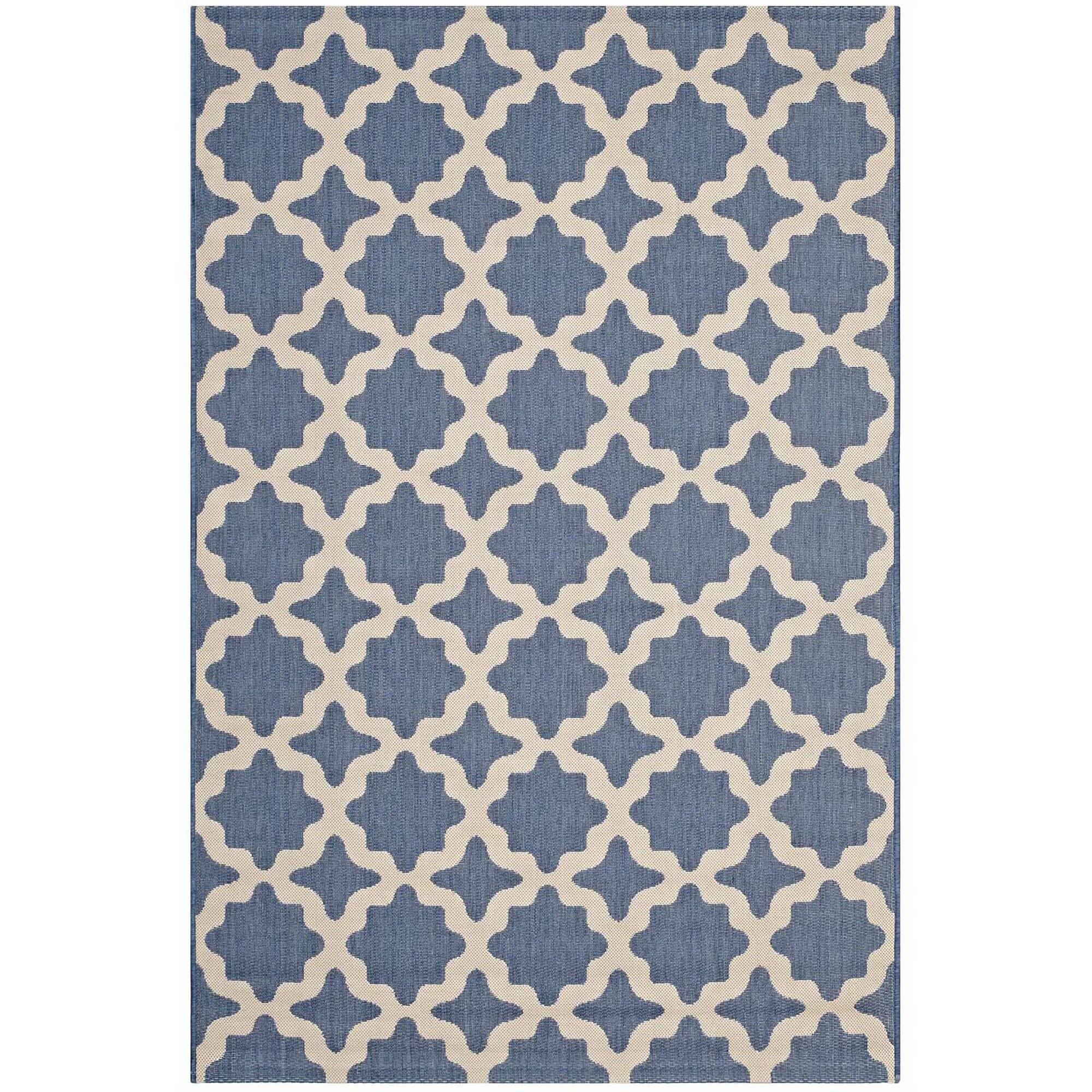 Angle. Modway - Cerelia Moroccan Trellis Indoor and Outdoor Area Rug - Blue and Beige.