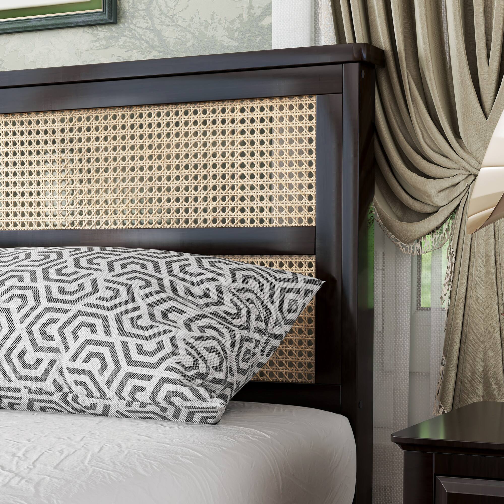 Alt View 7. GOODSILO - Queen Size Solid Wood Bed with Rattan Headboard and Enhanced Support Feet - Espresso.