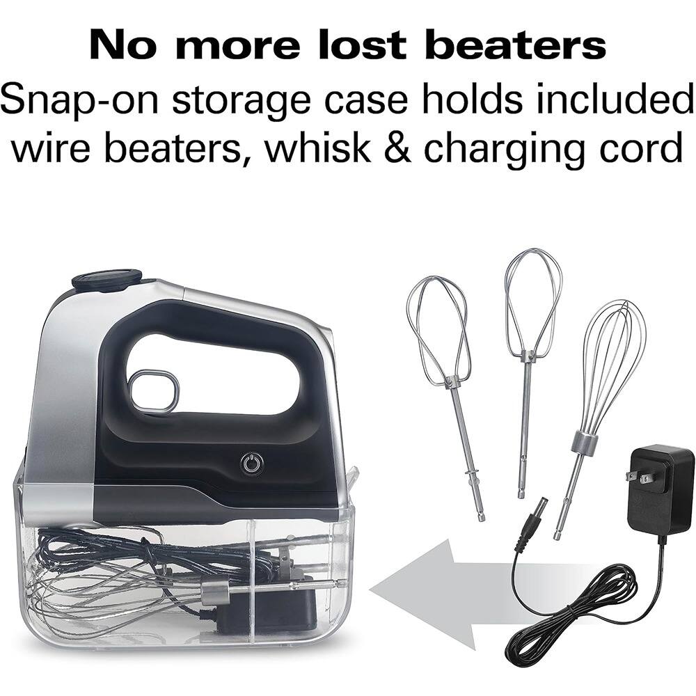 No more lost beaters  
Snap-on storage case holds included wire beaters, whisk & charging cord