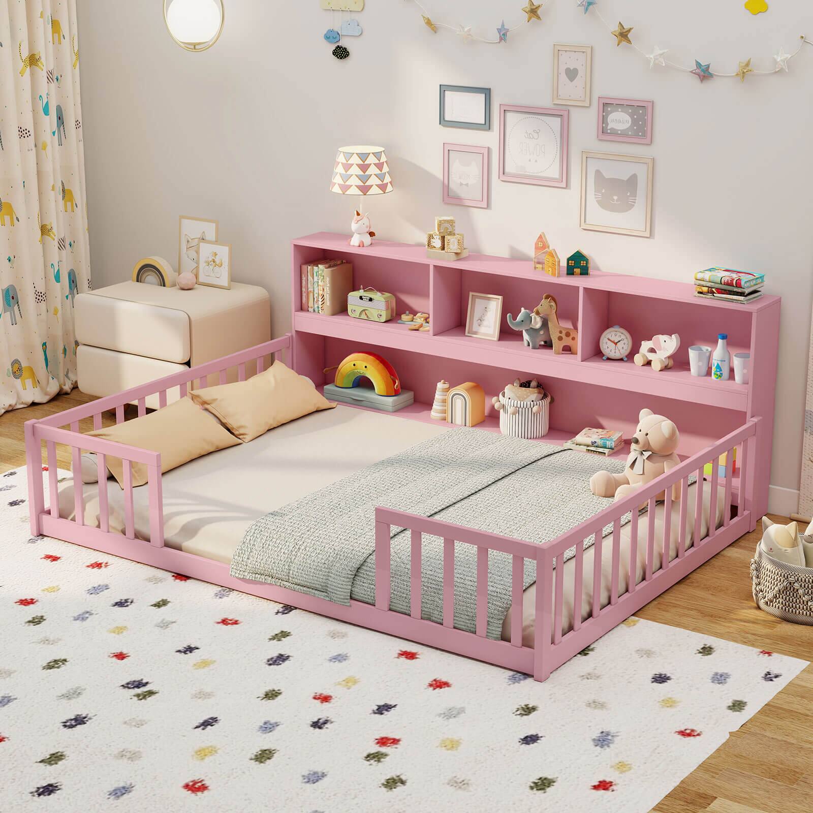 Alt View 1. Costway - Costway Full Size Montessori Floor Bed with Bookcase Storage Shelves & Safety Fence Rails - Pink.
