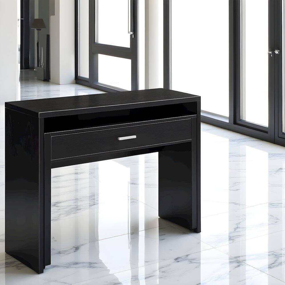 Alt View 1. FurniFact - Sleek Black Console Desk with Sliding Drawer and Riser for Office Use - Black.