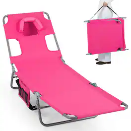 Costway - Patio Tanning Chair,Folding Beach Lounge Chair with 5-Position Adjustable Backrest - Pink
