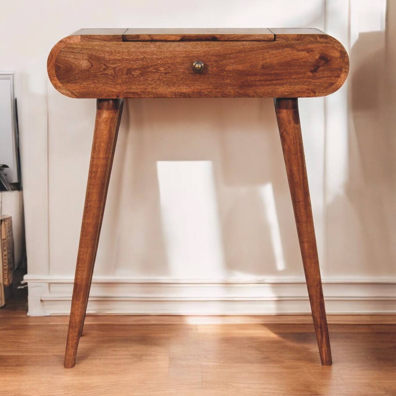 Angle. Artisan Furniture - Artisan Furniture Solid Wood Mini Honey Caramel Dressing Table with Foldable Mirror, 4 Storage Compartments with Mirror - Brown.