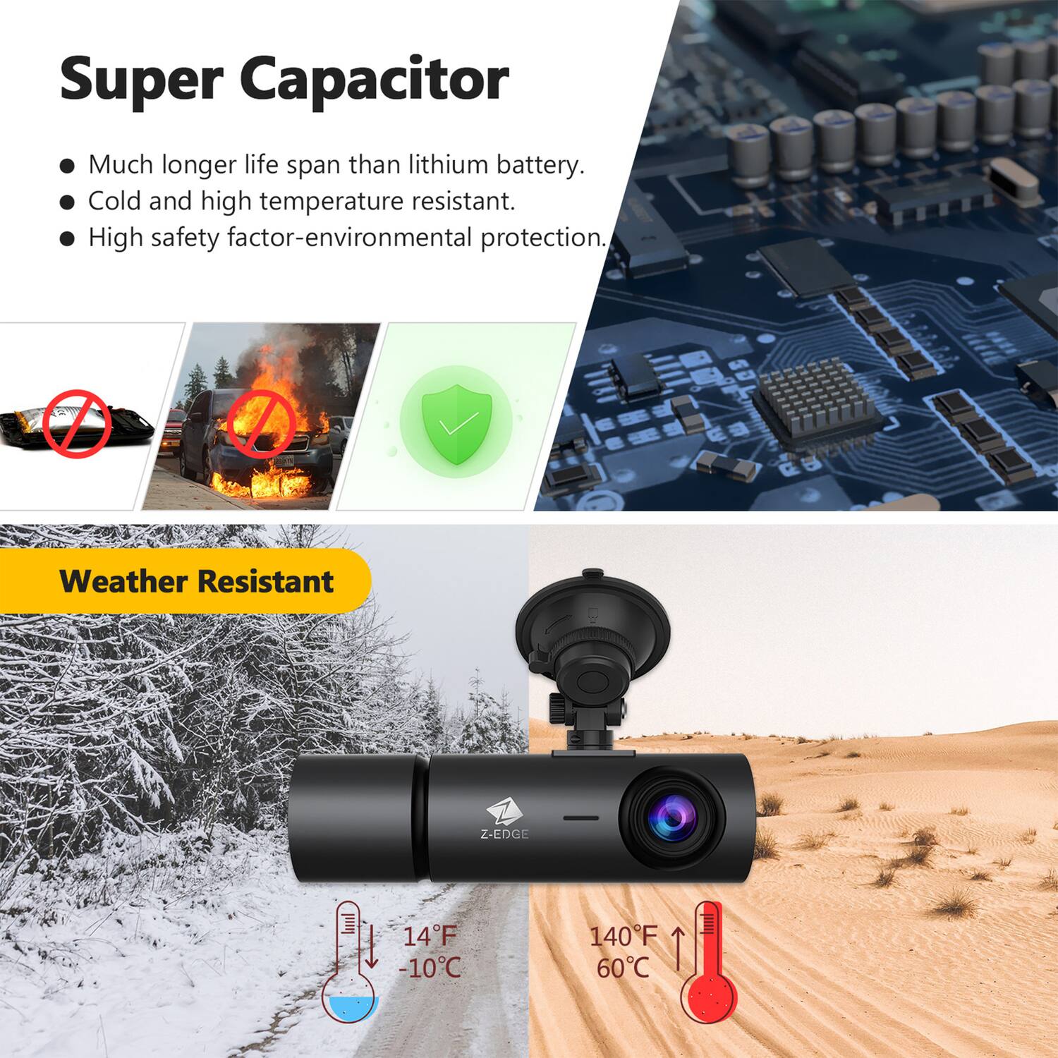 Super Capacitor

- Much longer life span than lithium battery.
- Cold and high temperature resistant.
- High safety factor-environmental protection.

Weather Resistant

Z-EDGE

-10°C 14°F

140°F 60°C