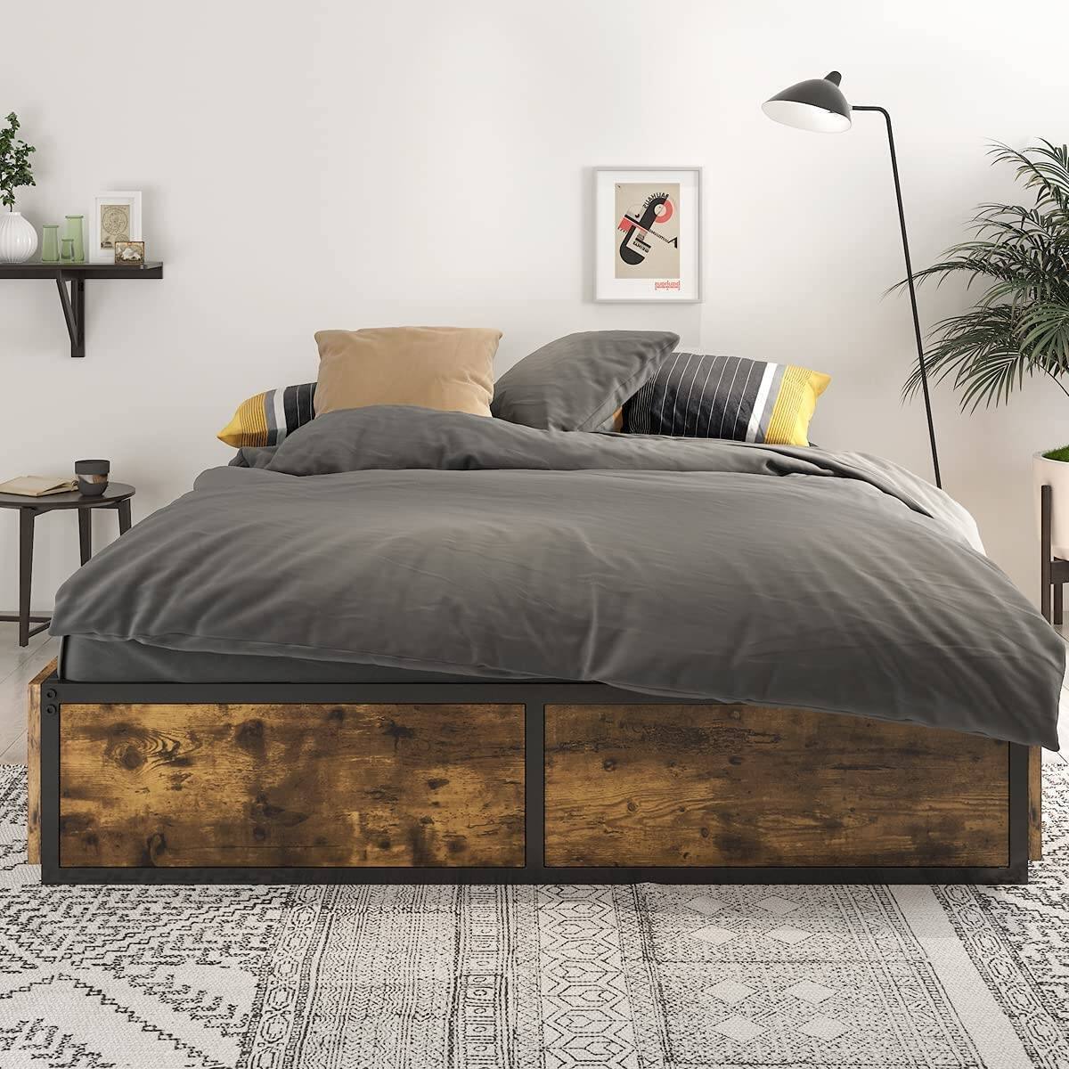 Back. Hivvago - Hivvago Full Metal Wood Platform Bed Frame with 4 Storage Drawers - 600 lbs Max Weight - Rustic Brown.
