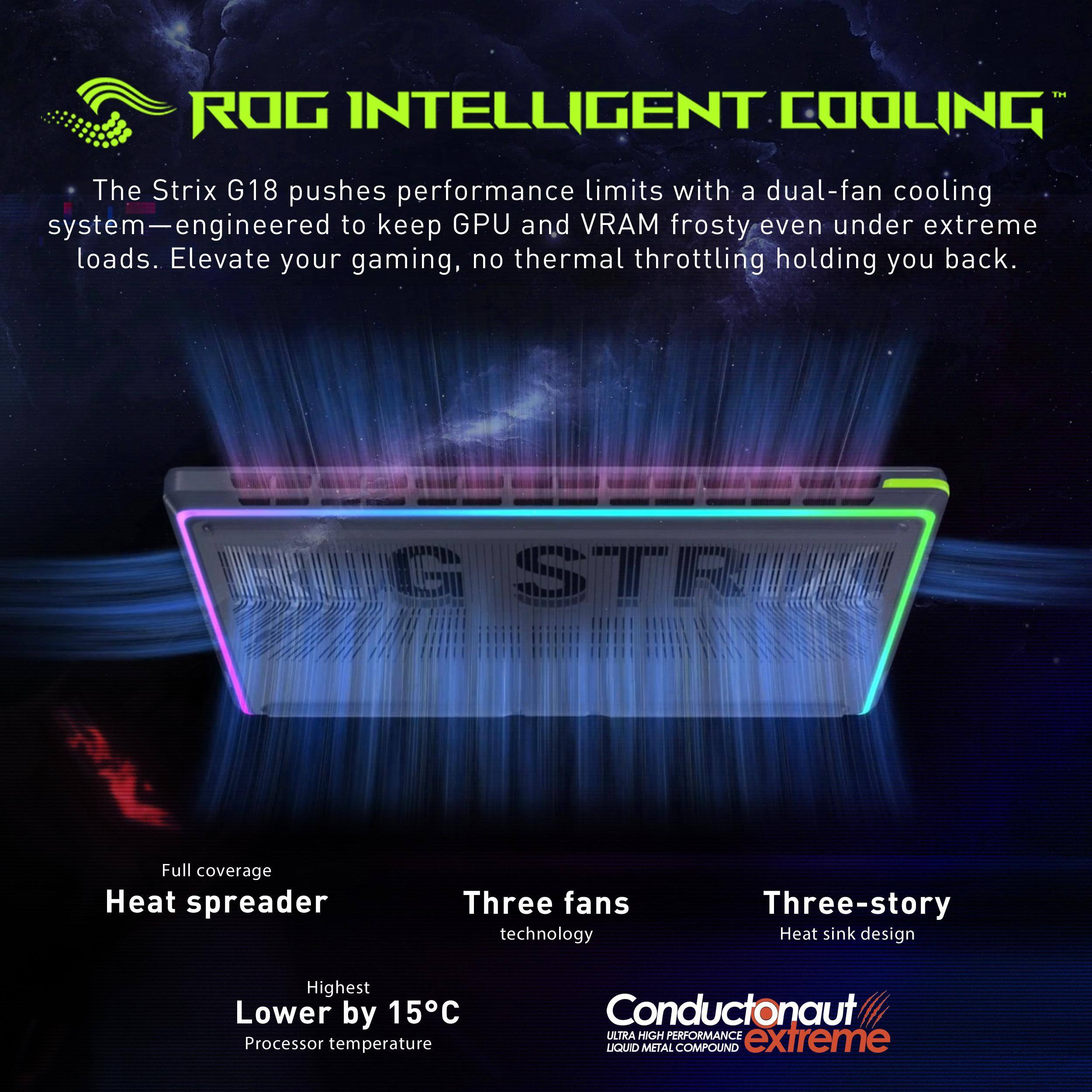 ROG INTELLIGENT COOLING™

The Strix G18 pushes performance limits with a dual-fan cooling system—engineered to keep GPU and VRAM frosty even under extreme loads. Elevate your gaming, no thermal throttling holding you back.

- Full coverage Heat spreader
- Three fans technology
- Three-story Heat sink design
- Highest Lower by 15°C Processor temperature

Conductonaut™ ULTRA HIGH PERFORMANCE extreme LIQUID METAL COMPOUND