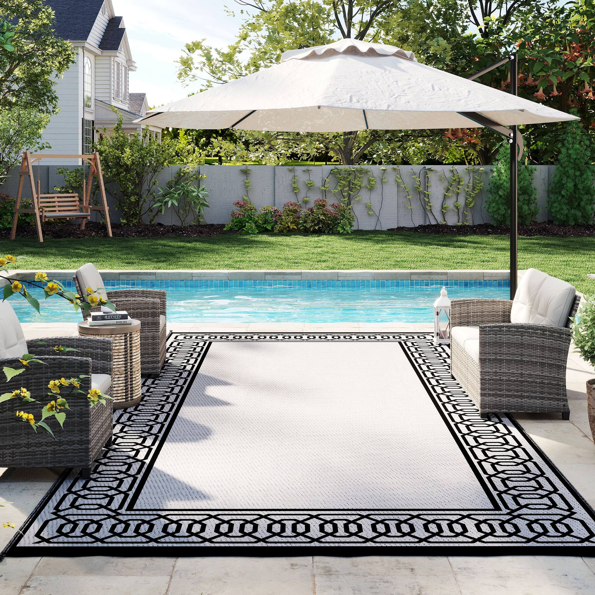 Alt View 8. Outsunny - Mat, Outdoor Patio Rug / Large Camping Carpet, 9' x 18', Waterproof Plastic Straw, Reversible - Black and gray.