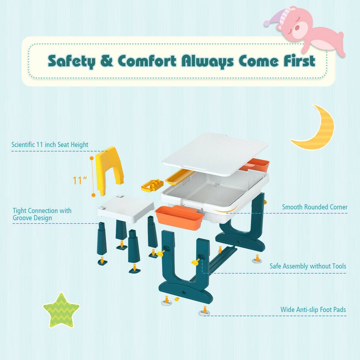 Safety & Comfort Always Come First

- Scientific 11 inch Seat Height
- Tight Connection with Groove Design
- Smooth Rounded Corner
- Safe Assembly without Tools
- Wide Anti-slip Foot Pads