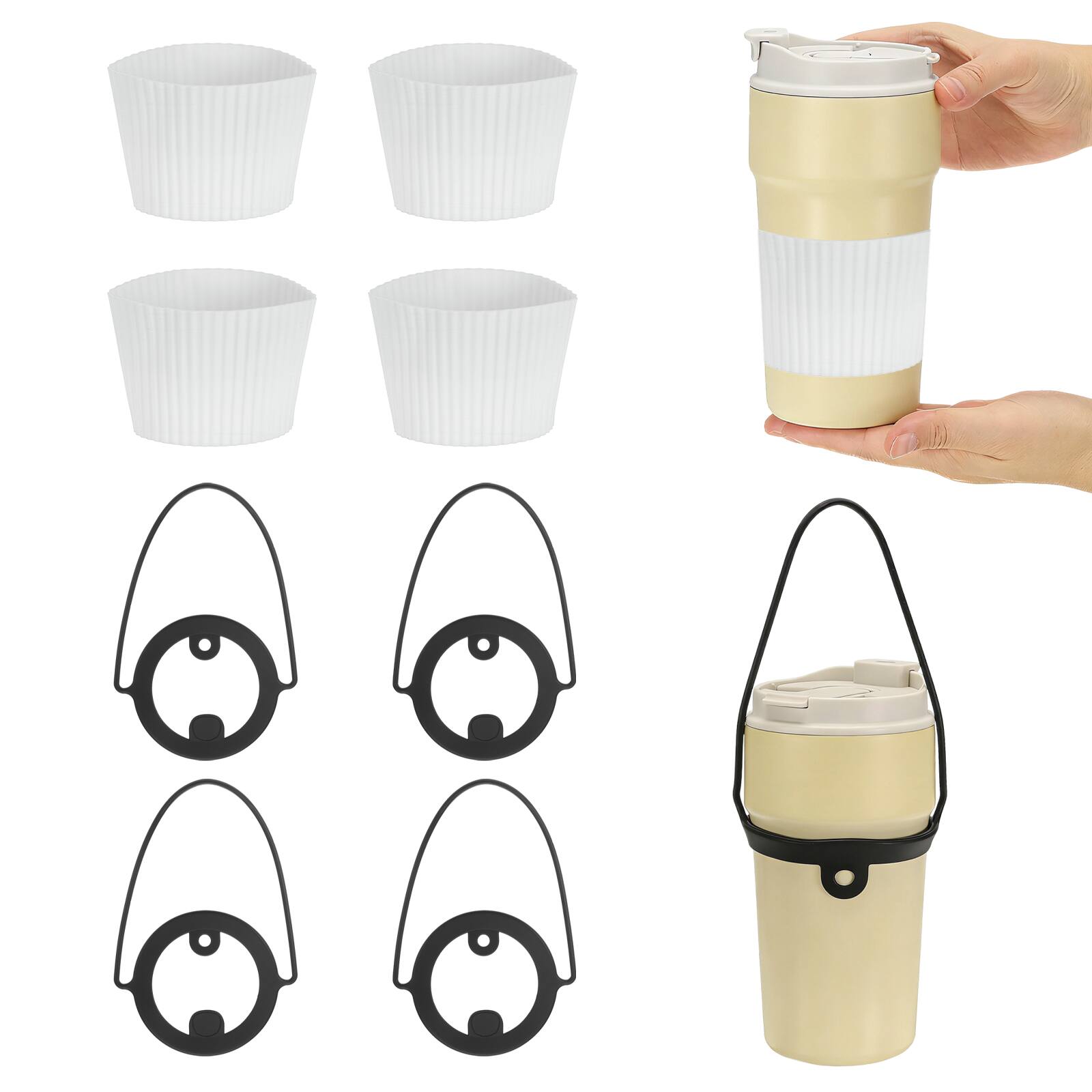 Unique Bargains - Silicone Cup Sleeve, 4pcs Coffee Sleeves with Black Handle Strap, Heat Resistant Reusable Nonslip for Coffee Tea Drinks - White price history on PriceWatchPro