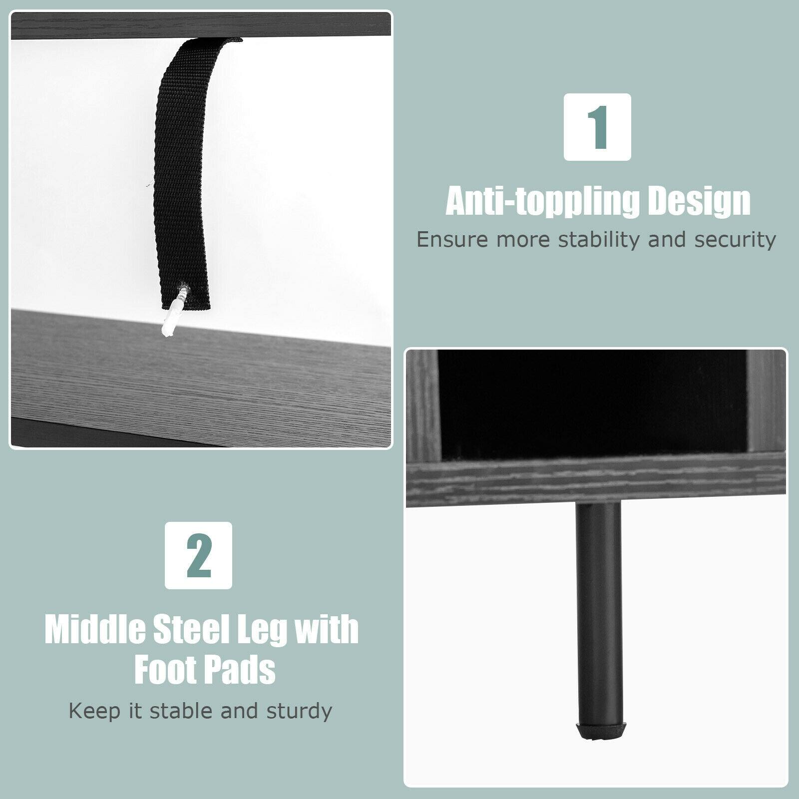 1. Anti-toppling Design  
   Ensure more stability and security

2. Middle Steel Leg with Foot Pads  
   Keep it stable and sturdy