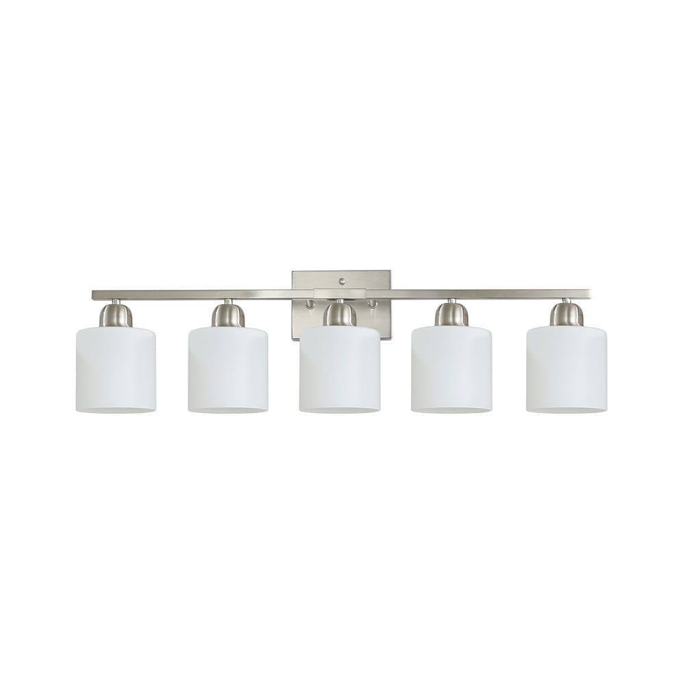 Angle. Kadyn - Brushed Nickel Bathroom Light Fixtures, 5-Light Modern Vanity Light, Wall Sconces with Milky White Frosted Glass Shades - Silver.