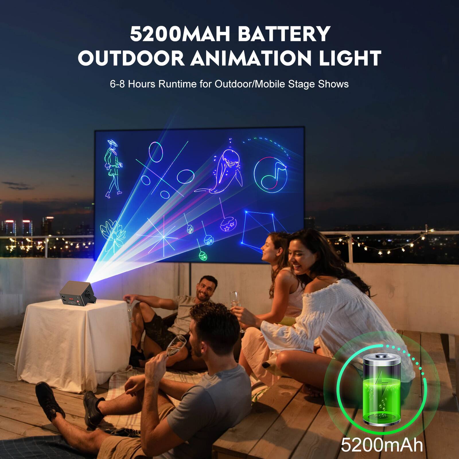 5200MAH BATTERY OUTDOOR ANIMATION LIGHT  
6-8 Hours Runtime for Outdoor/Mobile Stage Shows  

5200mAh
