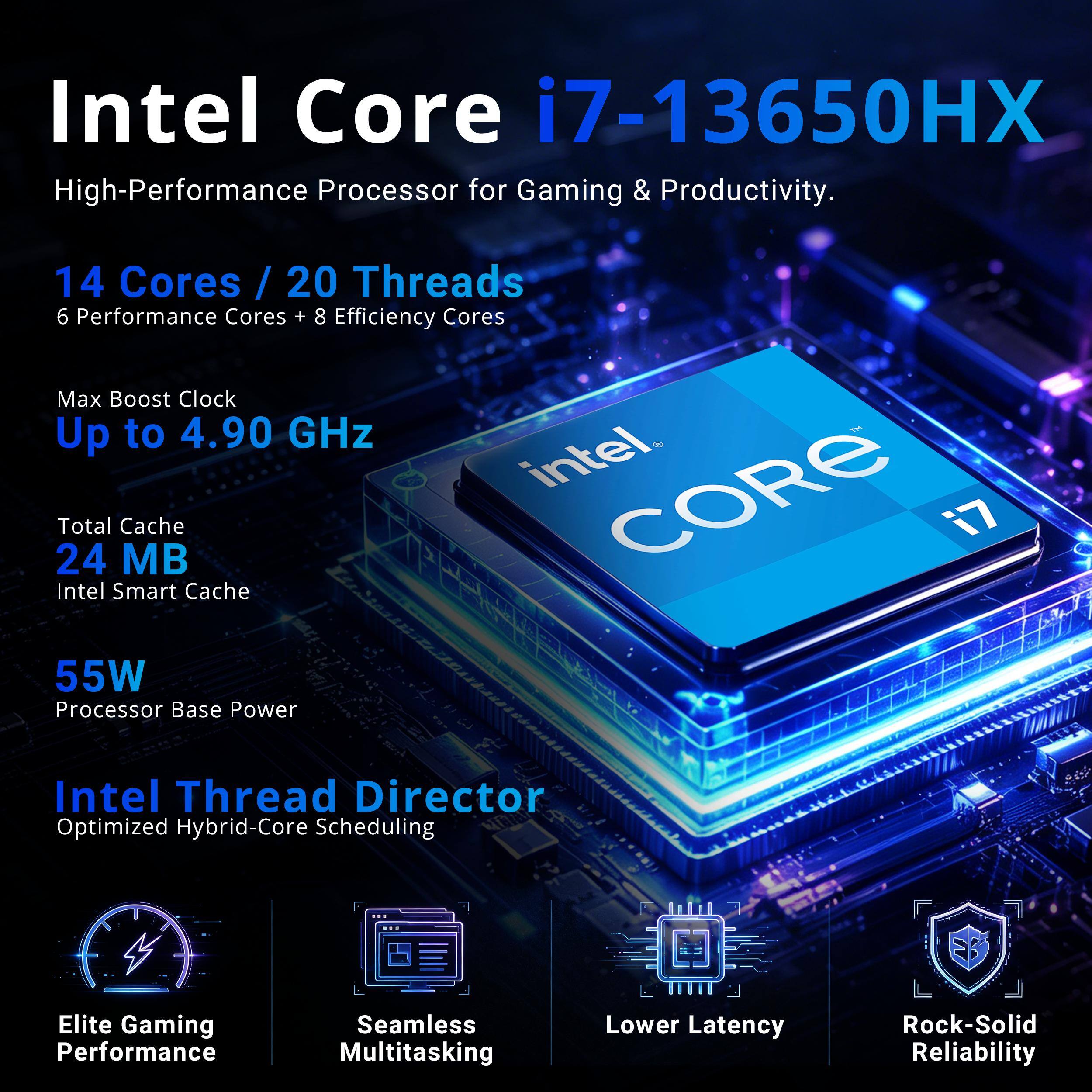 Intel Core i7-13650HX High-Performance Processor for Gaming & Productivity.

14 Cores / 20 Threads
6 Performance Cores + 8 Efficiency Cores

Max Boost Clock Up to 4.90 GHz

Total Cache 24 MB
Intel Smart Cache

55W Processor Base Power

Intel Thread Director
Optimized Hybrid-Core Scheduling

Elite Gaming Performance
Seamless Multitasking
Lower Latency
Rock-Solid Reliability