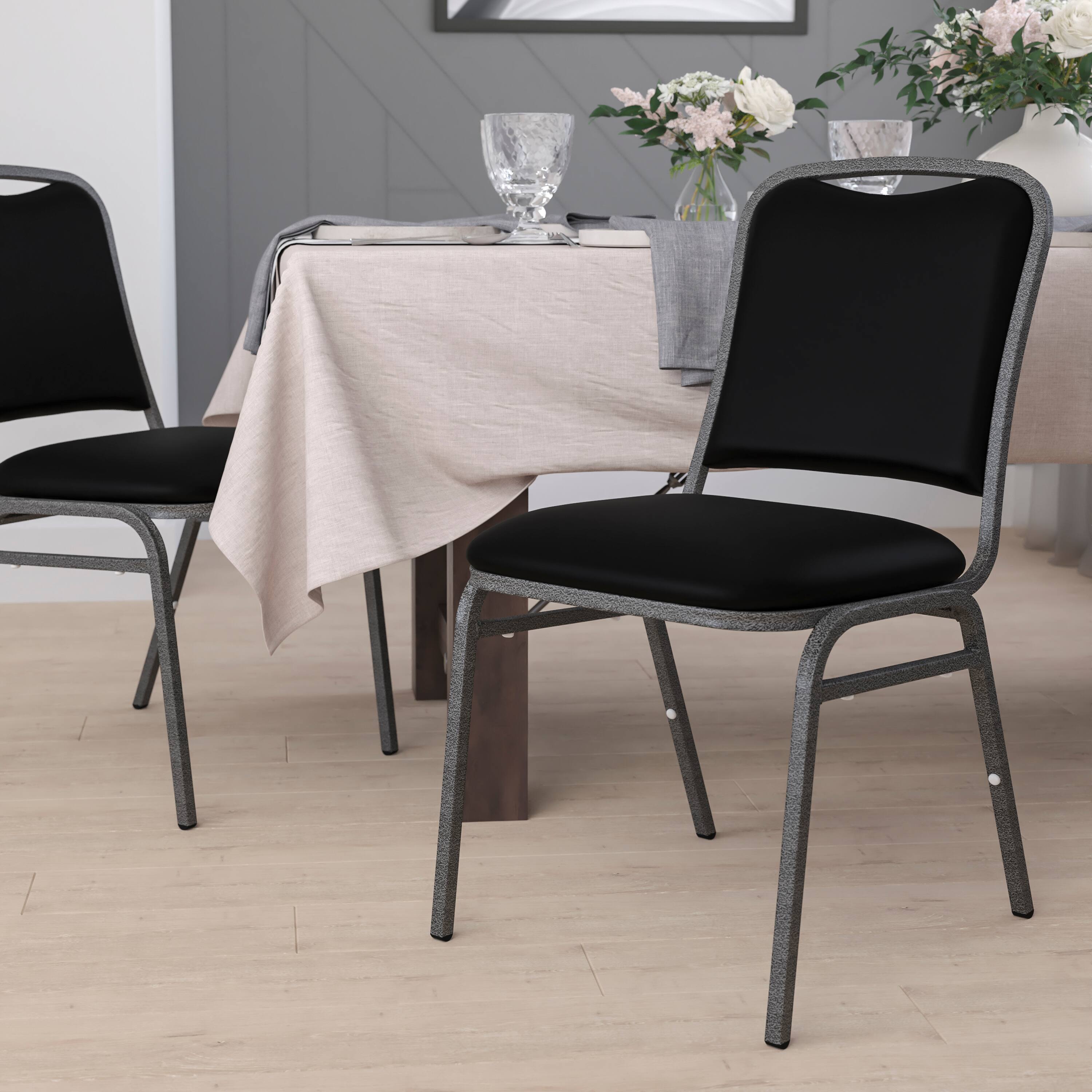 Alt View 1. Emma + Oliver - Stacking Banquet Chair with Vinyl and 1.5'' Thick Seat - Frame - Black Vinyl/Silver Vein Frame.