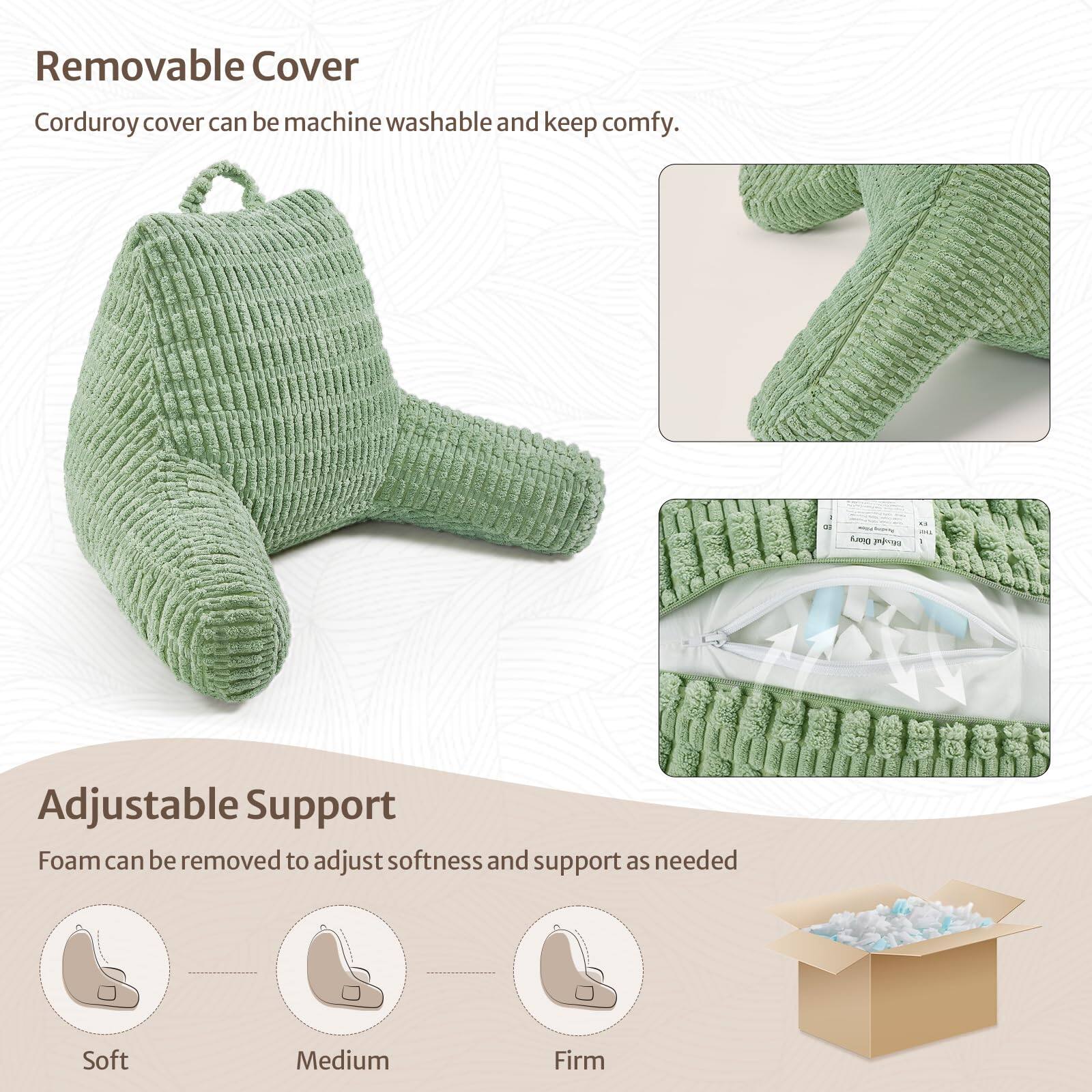 **Removable Cover**  
Corduroy cover can be machine washable and keep comfy.

**Adjustable Support**  
Foam can be removed to adjust softness and support as needed  
- Soft  
- Medium  
- Firm