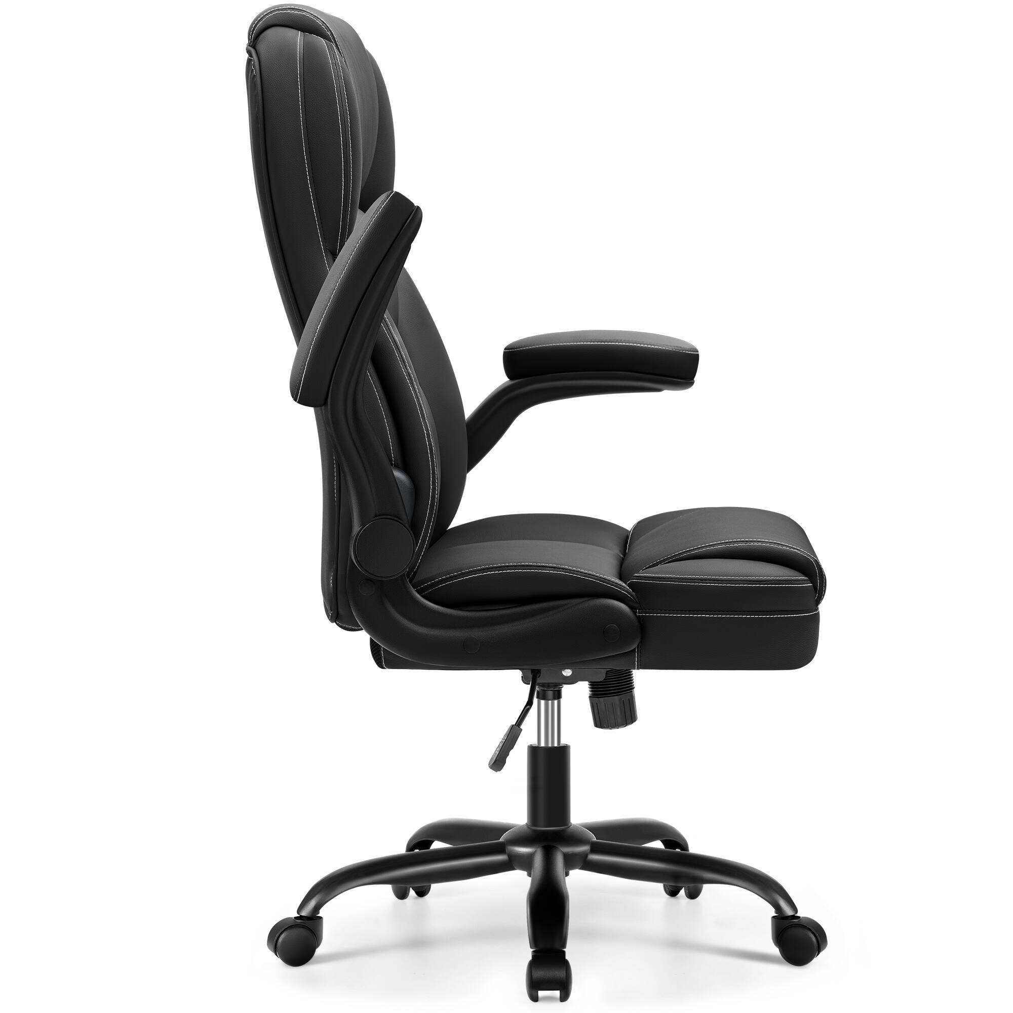 Left. Brick Attic - PU Leather Executive Office Chair with Flip-Up Armrests, Ergonomic High-Back Gaming Chair with Adjustable Height - Black.