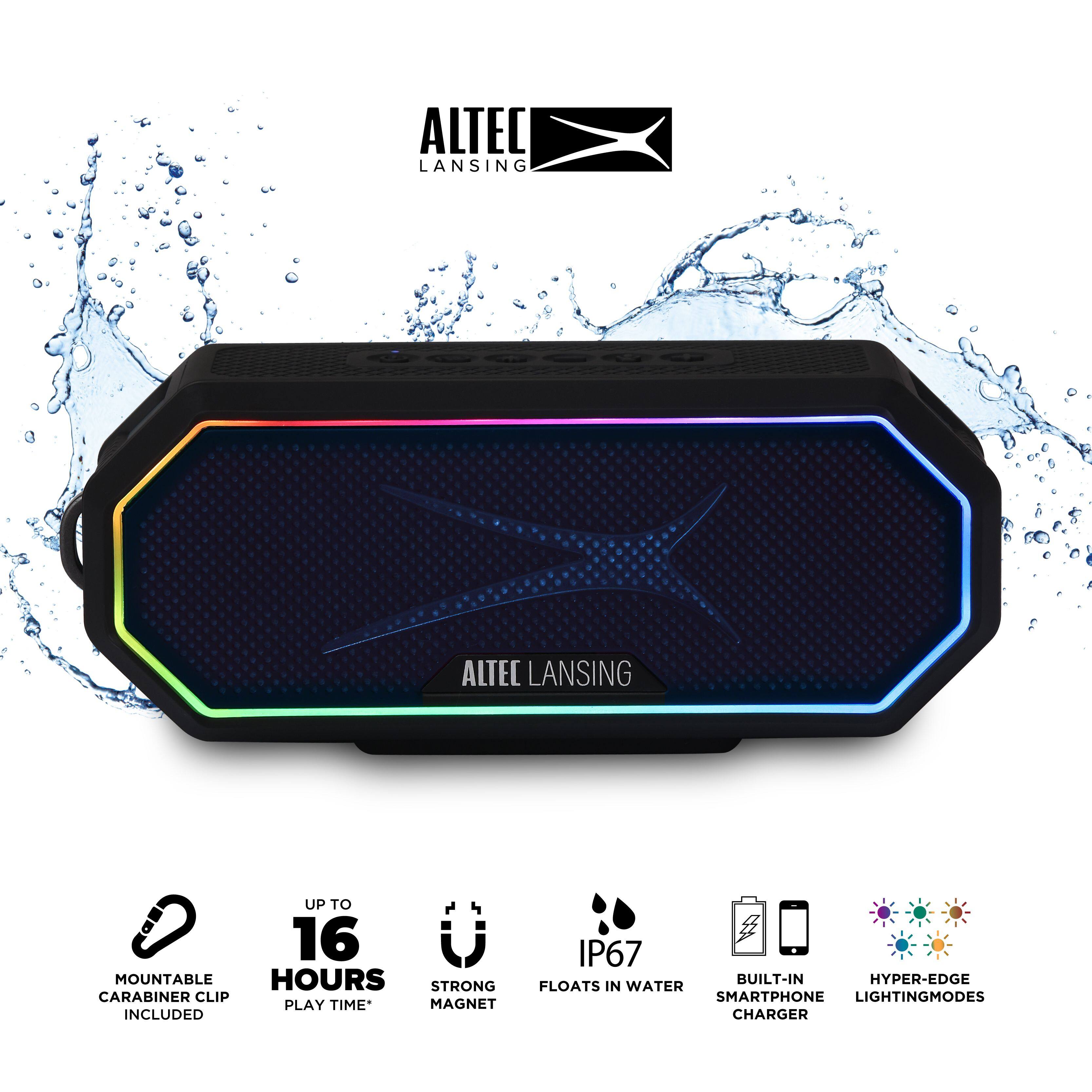 ALTEC LANSING  
ALTEC LANSING  

- UP TO 16 HOURS PLAY TIME*  
- STRONG MAGNET INCLUDED  
- IP67 BUILT-IN  
- FLOATS IN WATER  
- SMARTPHONE CHARGER  
- HYPER-EDGE LIGHTING MODES  
- MOUNTABLE CARABINER CLIP INCLUDED  

*ALTEC LANSING*
