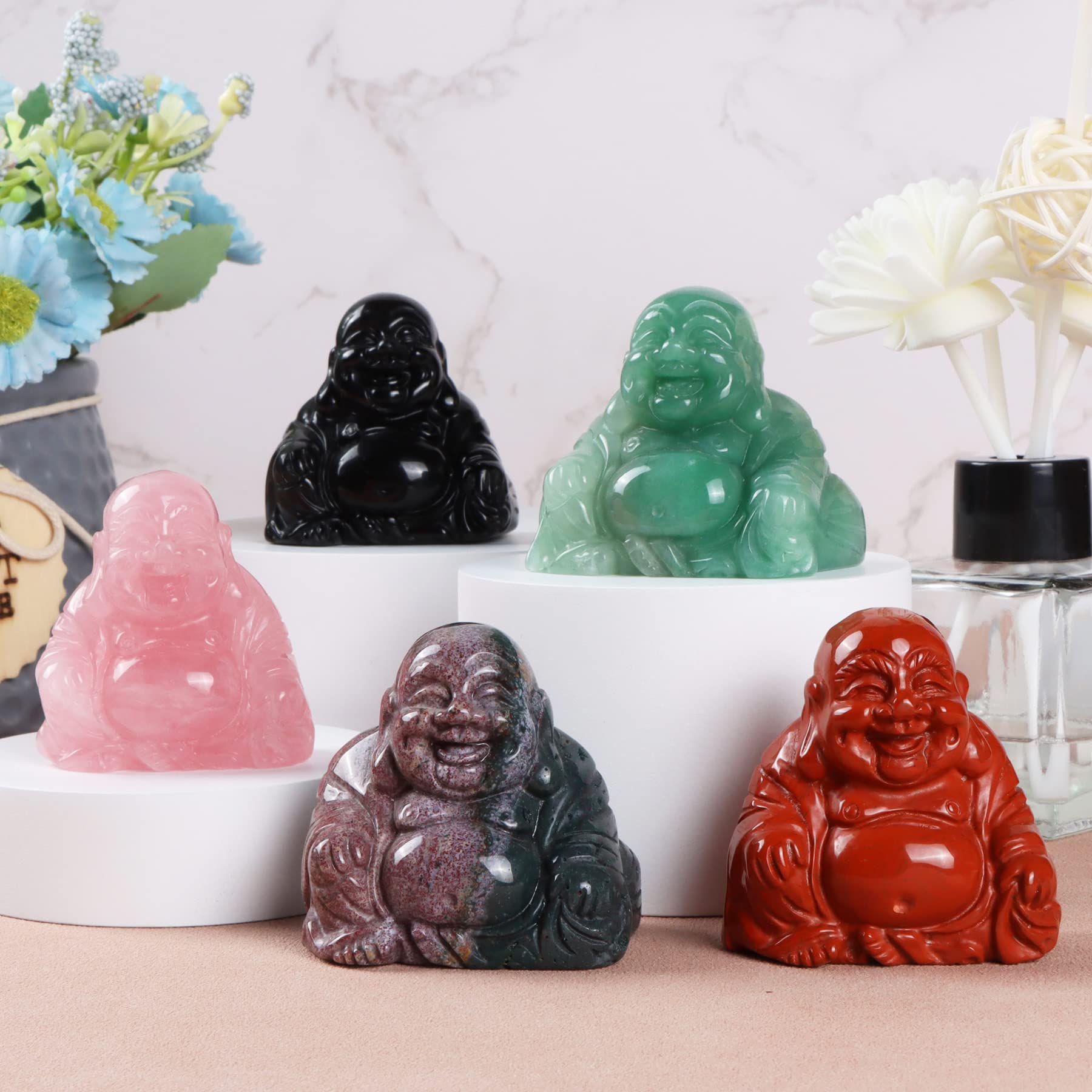 Alt View 5. Refined Abode Design - Laughing Buddha Statue Crystal Hand-carved Religion Sitting Happy Figurine Pocket Stone Home Decoration green.