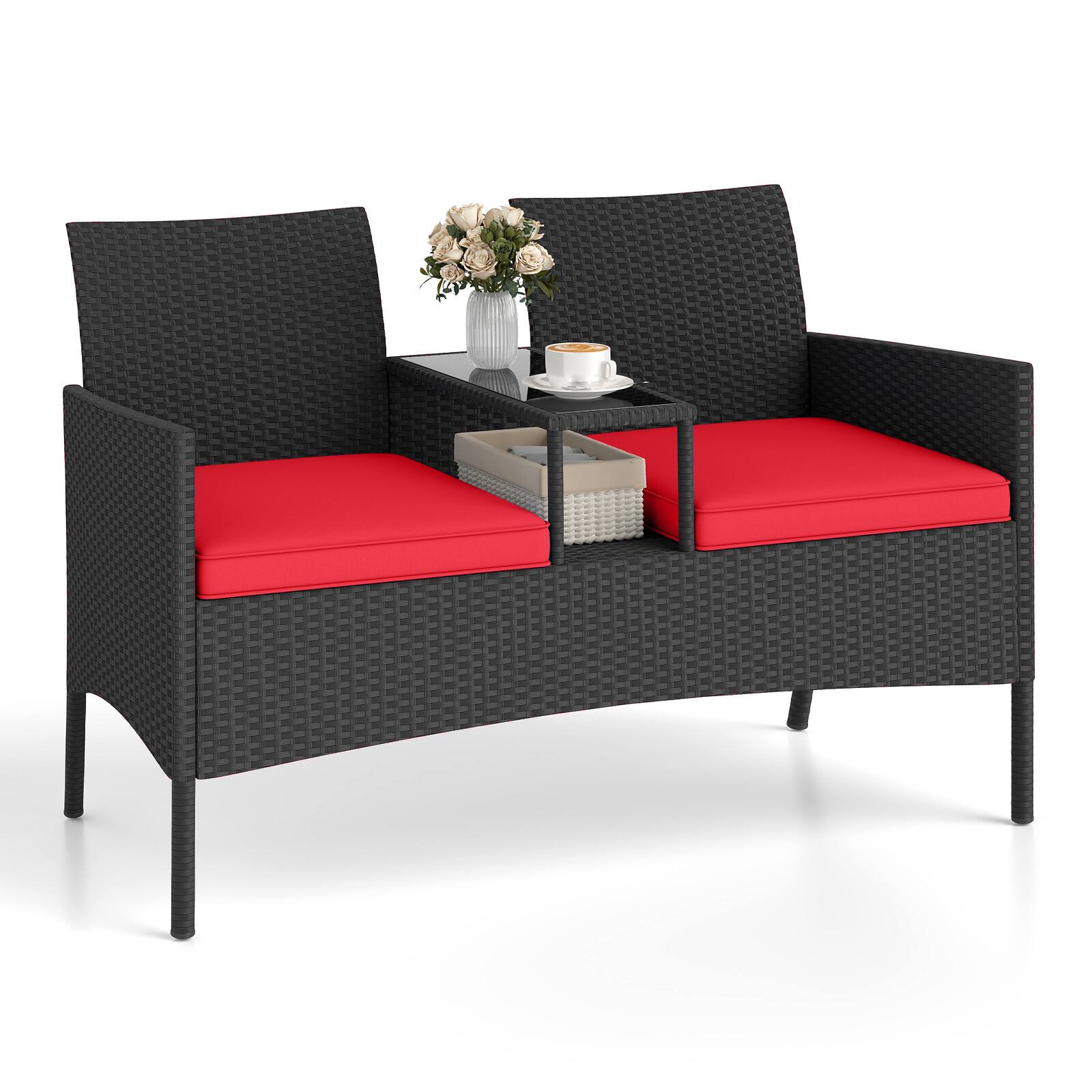 Alt View 8. Gymax - Gymax Patio Loveseat w/ Built-in Table Soft Cushions & Tempered Glass Tabletop Outdoor - Red, Black.