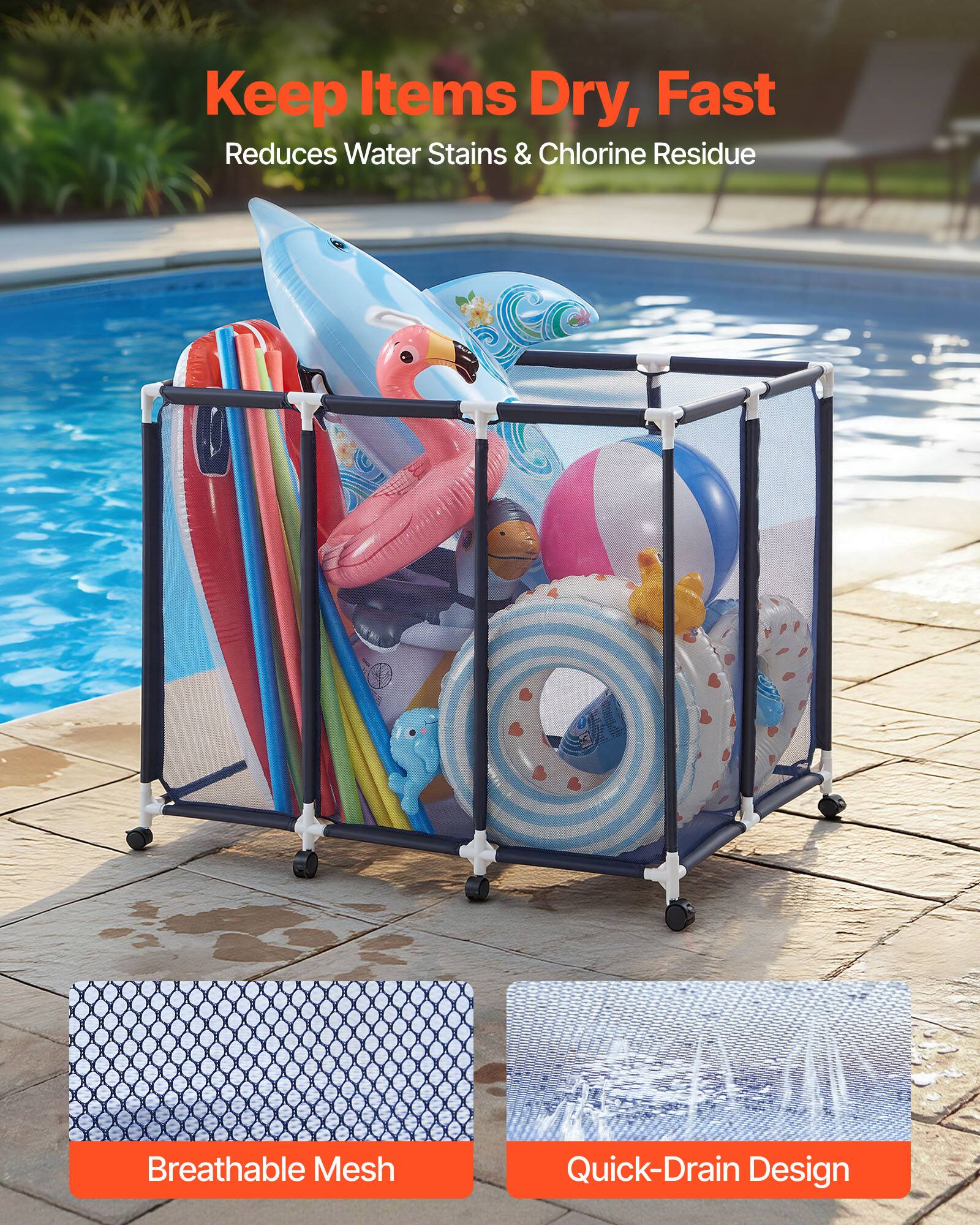 Keep Items Dry, Fast  
Reduces Water Stains & Chlorine Residue  

Breathable Mesh  
Quick-Drain Design