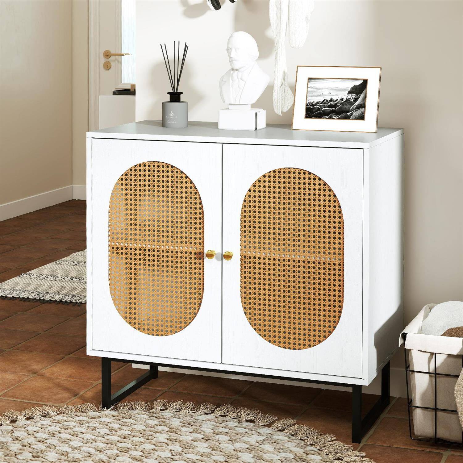 Left. Pefilos - Rattan Buffet Cabinet,2-Door 3-Position Adjustable Shelf,Anti-Tip Metal Legs,White - White.
