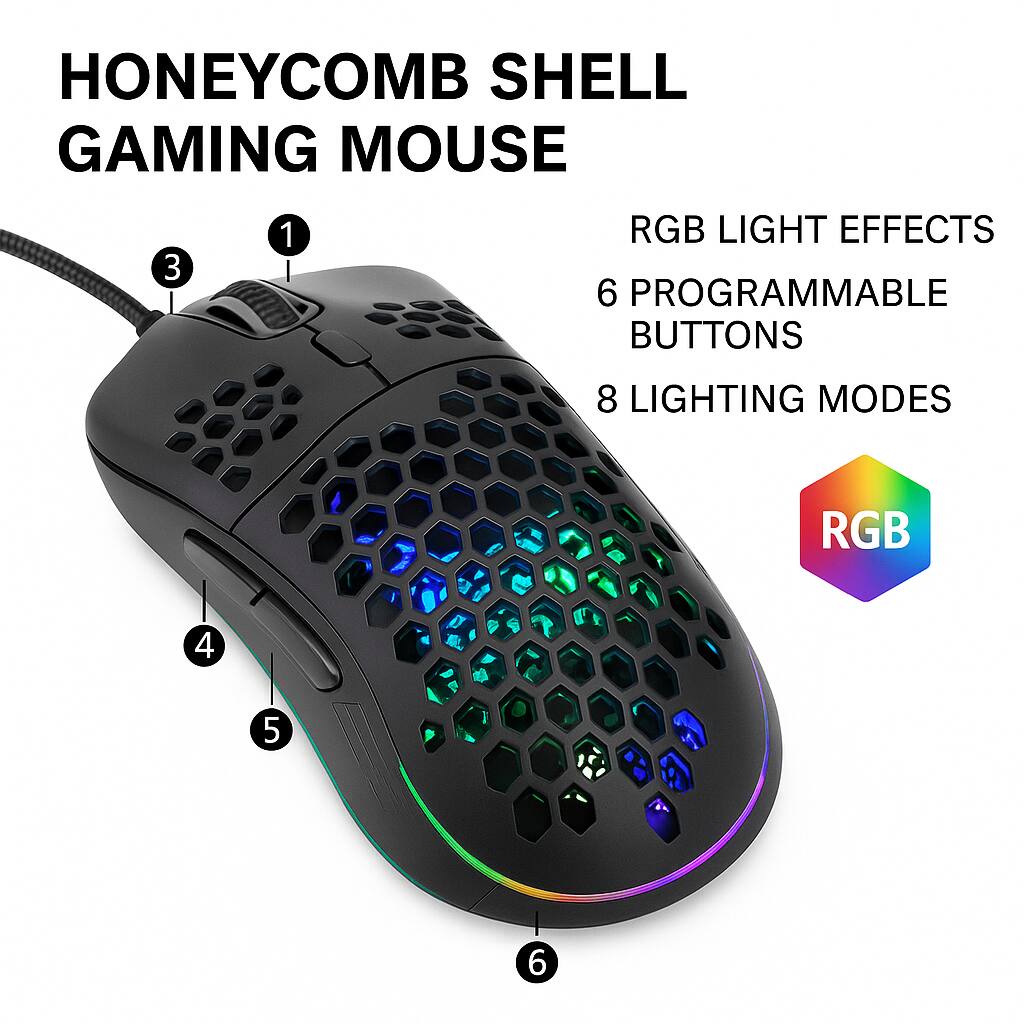 HONEYCOMB SHELL GAMING MOUSE RGB LIGHT EFFECTS 6 PROGRAMMABLE BUTTONS 8 LIGHTING MODES RGB 4 5 6