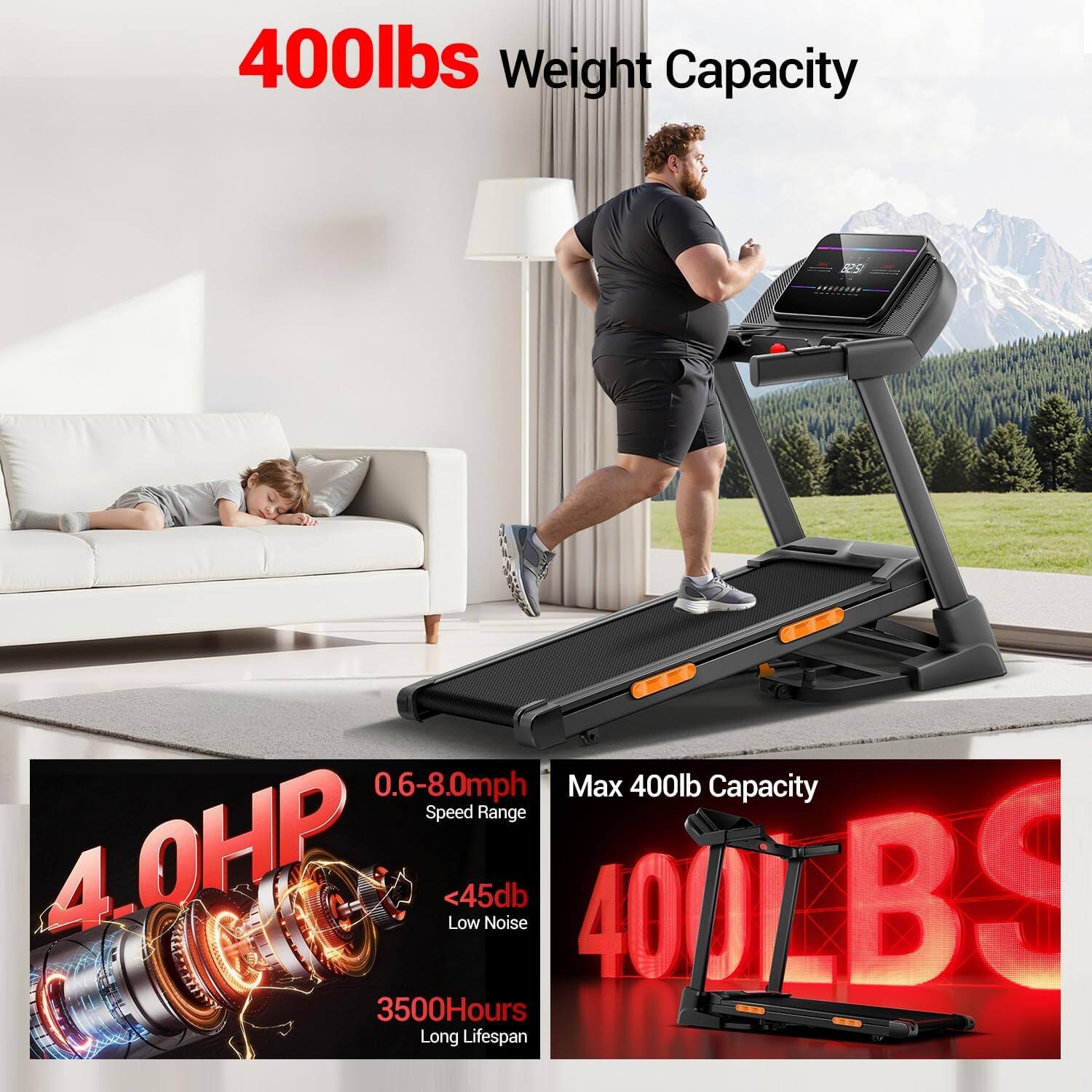 400lbs Weight Capacity  
0.6-8.0mph Max Speed Range  
4.0HP  
<45db Low Noise  
3500Hours Long Lifespan