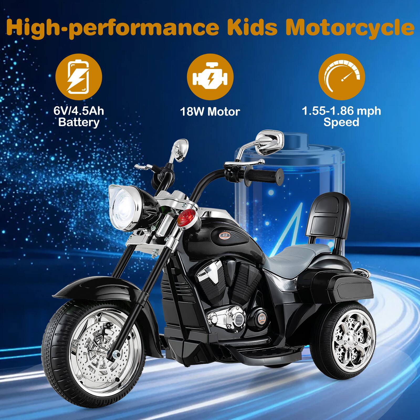 High-performance Kids Motorcycle

- 6V/4.5Ah Battery
- 18W Motor
- 1.55-1.86 mph Speed