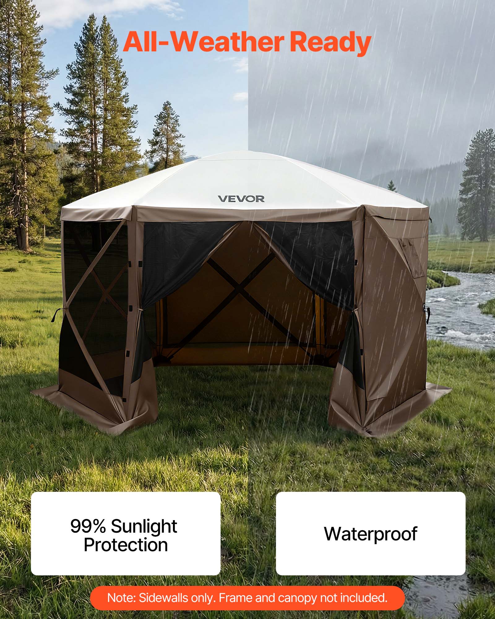 All-Weather Ready VEVOR  
99% Sunlight Protection  
Waterproof  
Note: Sidewalls only. Frame and canopy not included.