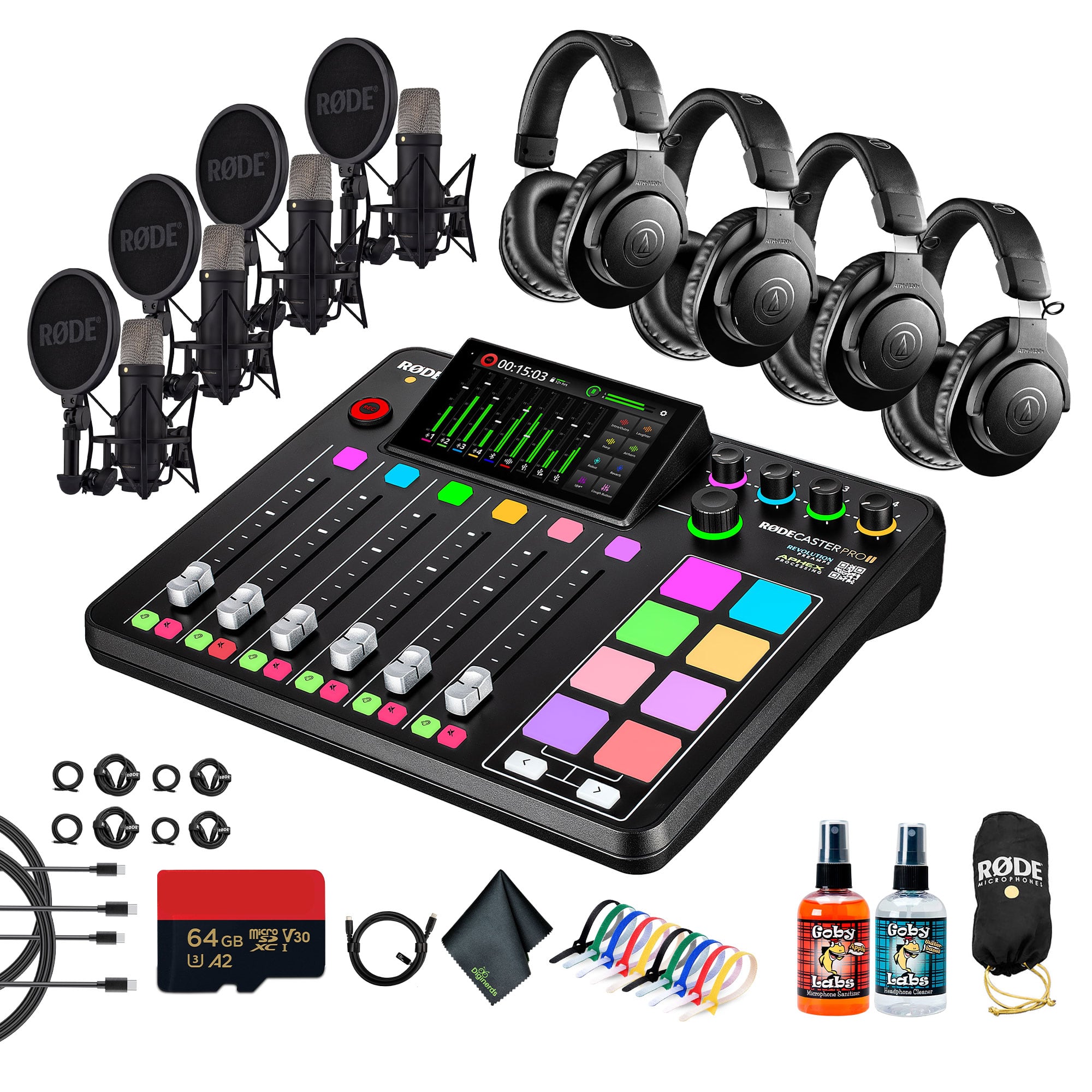 RODE - RODECaster Pro II + Headphones + Podcast Microphone + 64GB Micro SD + More (Bundle)