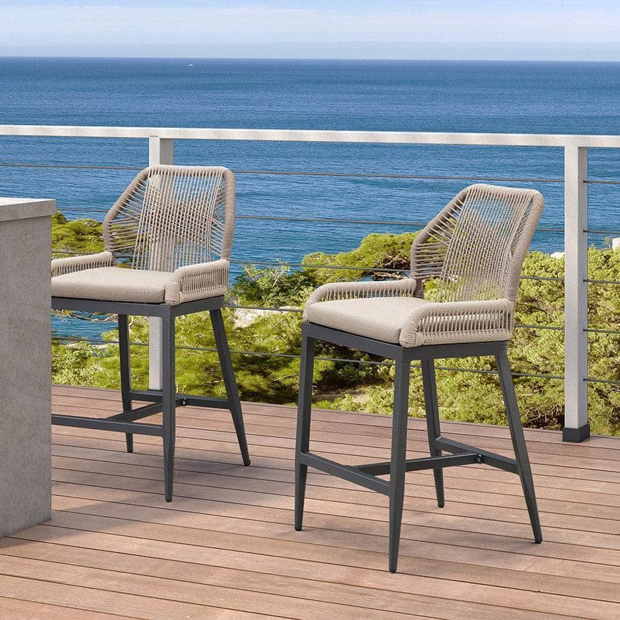 PURPLE LEAF - Outdoor Sunbrella Bar Stool Set of 2, Wicker Rattan Bar stools with Back Aluminum Outside Garden Patio Bar Chairs - Dark Grey & Taupe-Counter Height