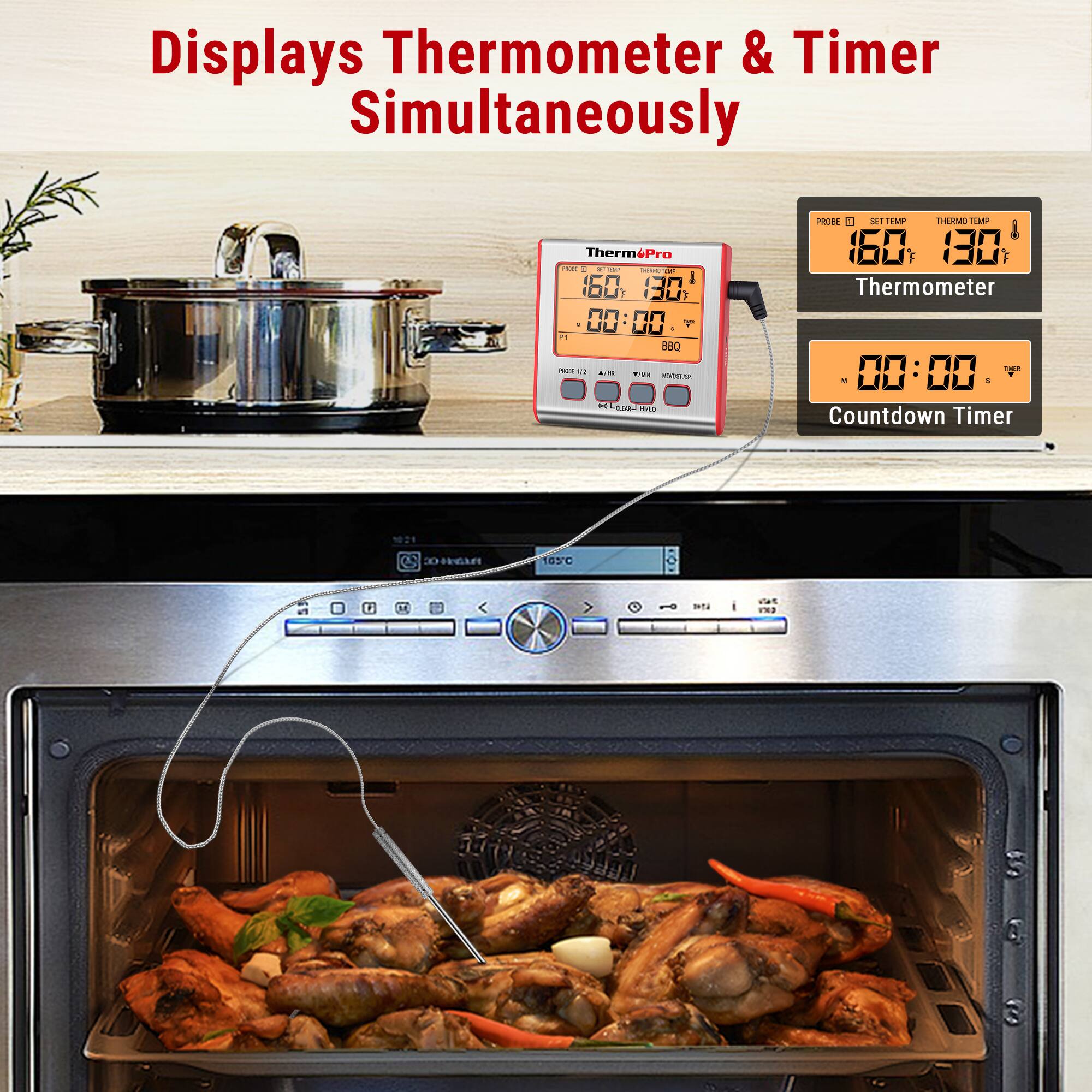 Displays Thermometer & Timer Simultaneously Therm 6Pro - aTON - 160 JU I 00:00 T UU'UL UU .. B0 - a --  HLSTRA LaT SA PROBE . 151 TOM THEIMO Tw 160 130 Thermometer - 00:00 Countdown Timer 1021 OmEL 105C u at4 Fas.
