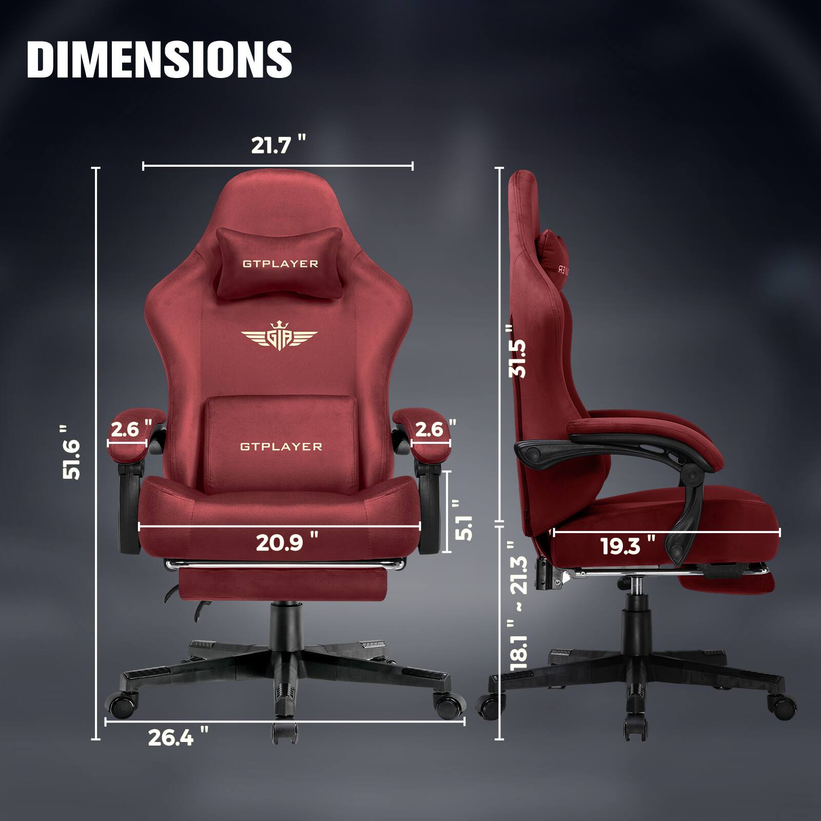 DIMENSIONS

- Height: 51.6"
- Width: 21.7"
- Depth: 26.4"
- Seat Width: 20.9"
- Armrest Height: 2.6"
- Backrest Height: 31.5"
- Seat Depth: 19.3"
- Seat Height: 18.1"