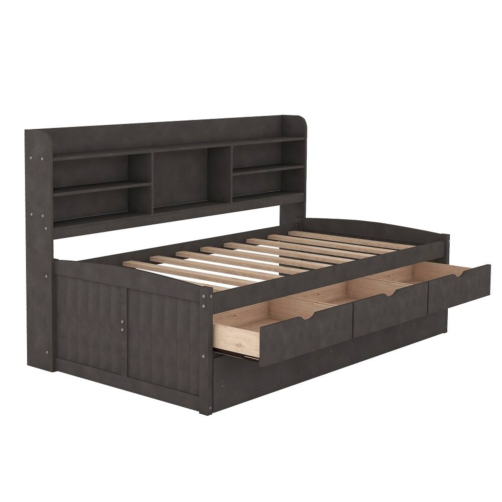Alt View 8. Loheer - Loheer Twin Captain Bed with Trundle and Storage Drawers Antique Brown - Antique Brown.