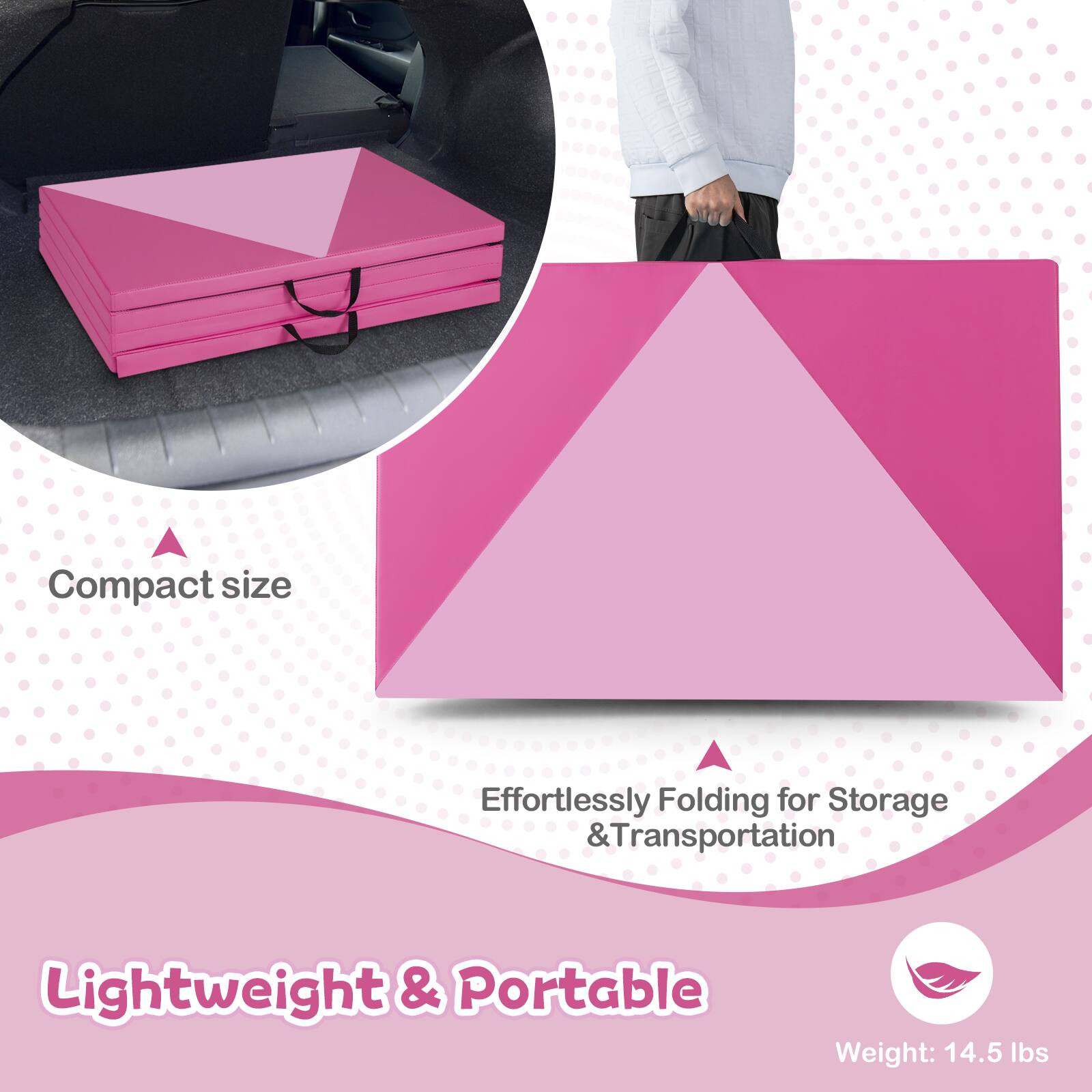 Compact size  
Effortlessly Folding for Storage & Transportation  
Lightweight & Portable  
Weight: 14.5 lbs