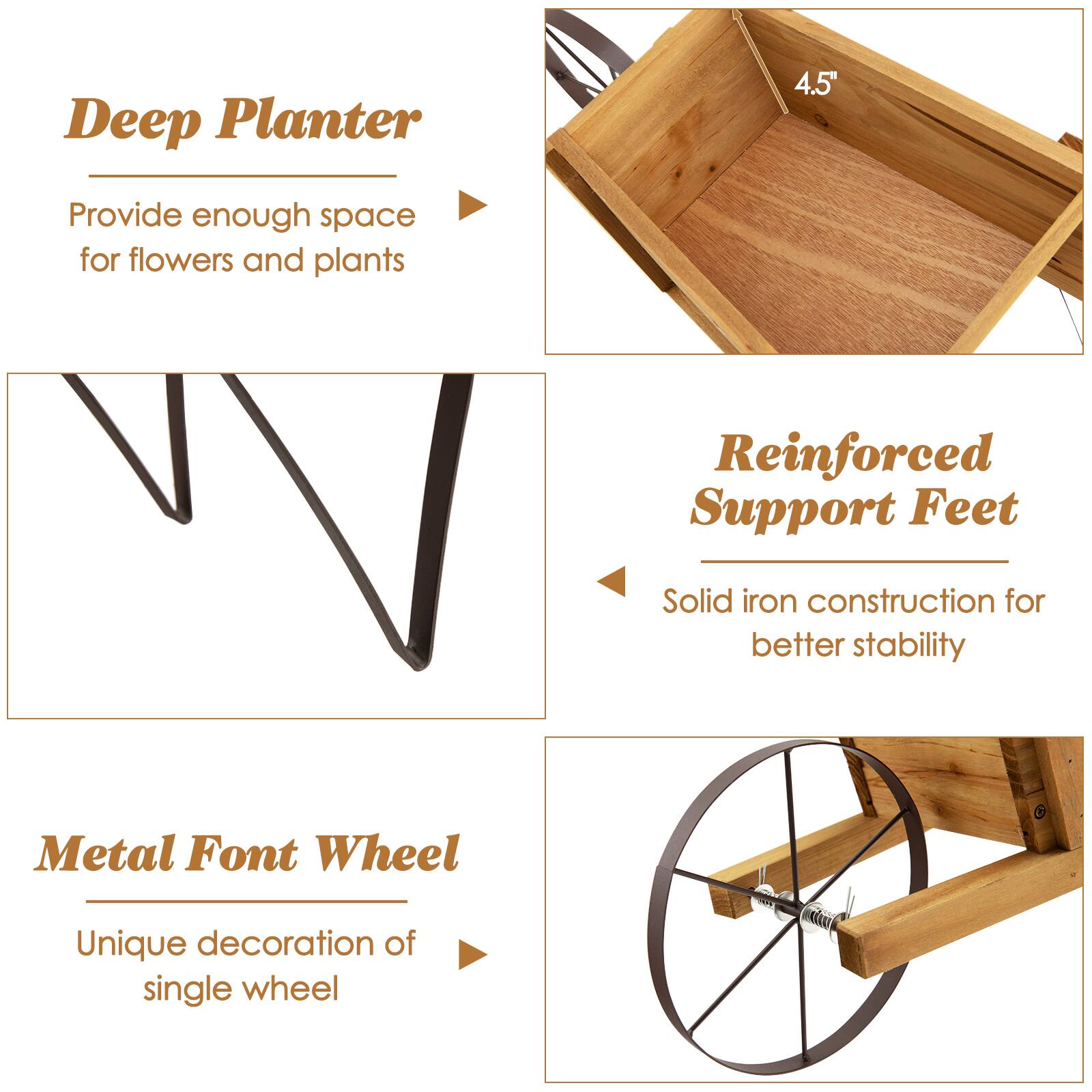 Group: Gardening Tools

1. Deep Planter 4.5" - Provide enough space for flowers and plants.
2. Reinforced Support Feet - Solid iron construction for better stability.
3. Metal Font Wheel - Unique decoration of single wheel.