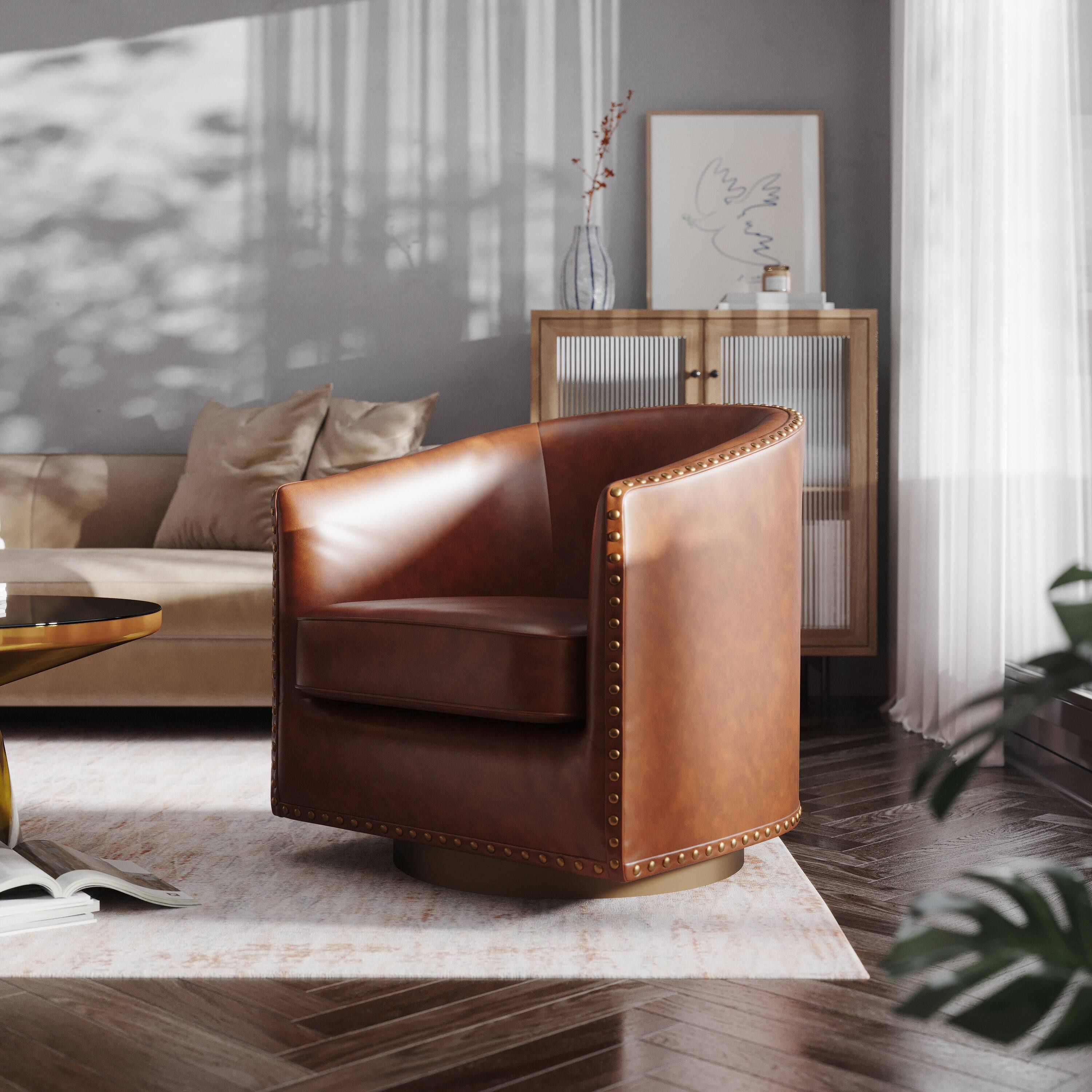 Alt View 3. Emma + Oliver - Cole Upholstered Club Style Barrel Accent Chair with 360° Swivel Vinyl Wrapped Base and Decorative Nail Head Trim - Brown.
